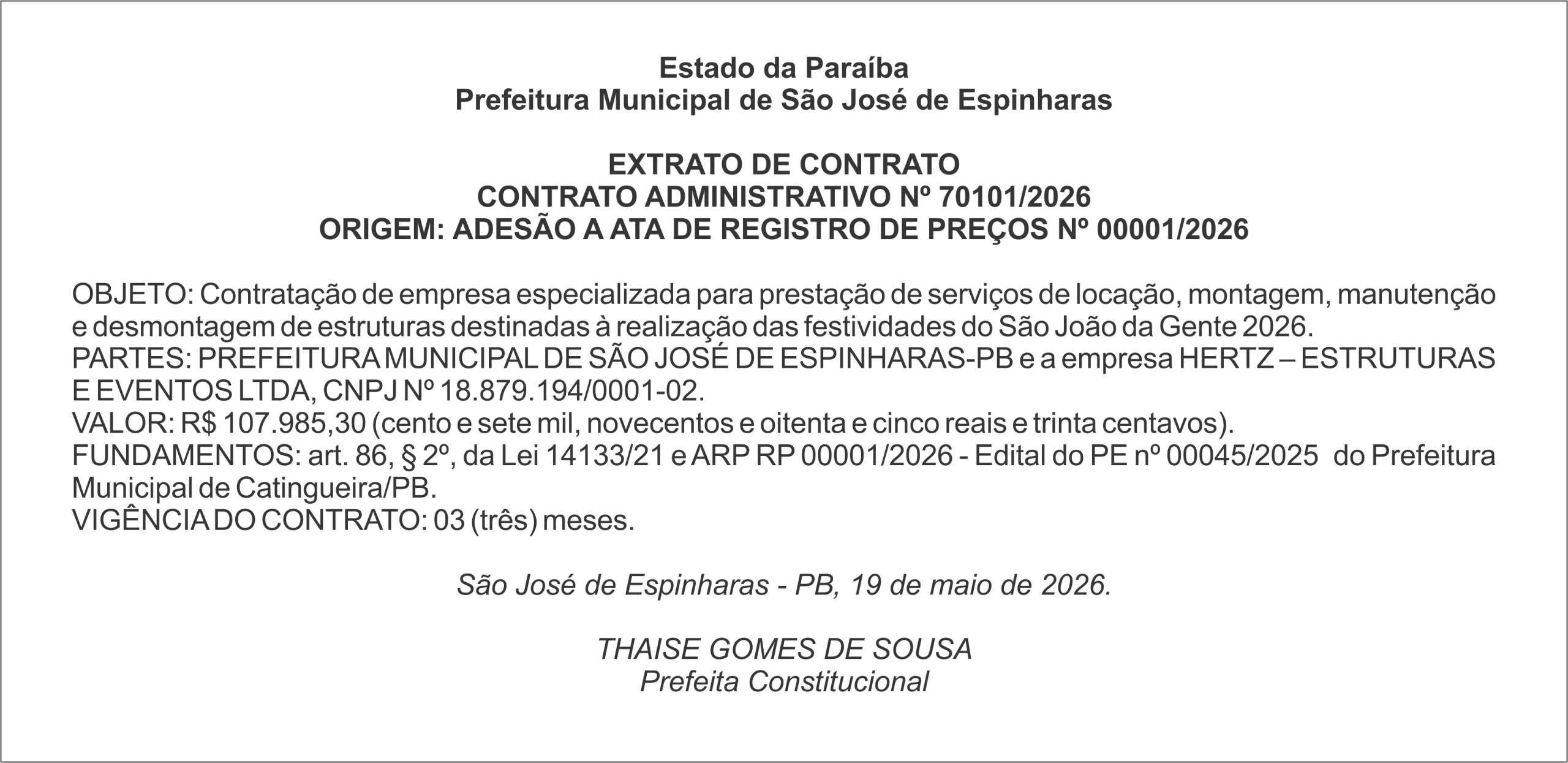 PREFEITURA DE SÃO JOSÉ DE ESPINHARAS – EXTRATO DE CONTRATO – CONTRATO ADMINISTRATIVO Nº 70101/2026