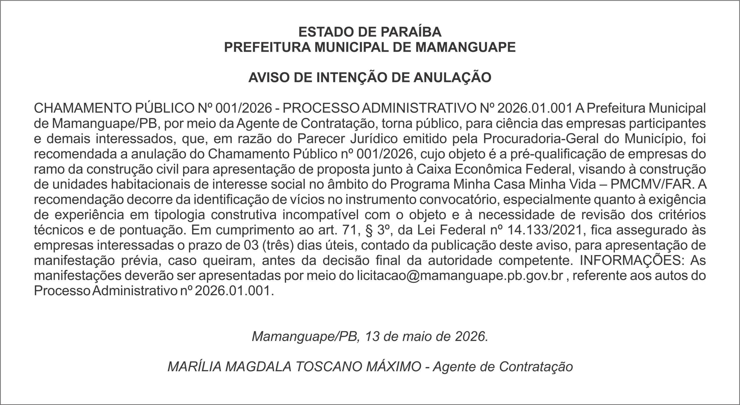 PREFEITURA MUNICIPAL DE MAMANGUAPE – AVISO DE INTENÇÃO DE ANULAÇÃO