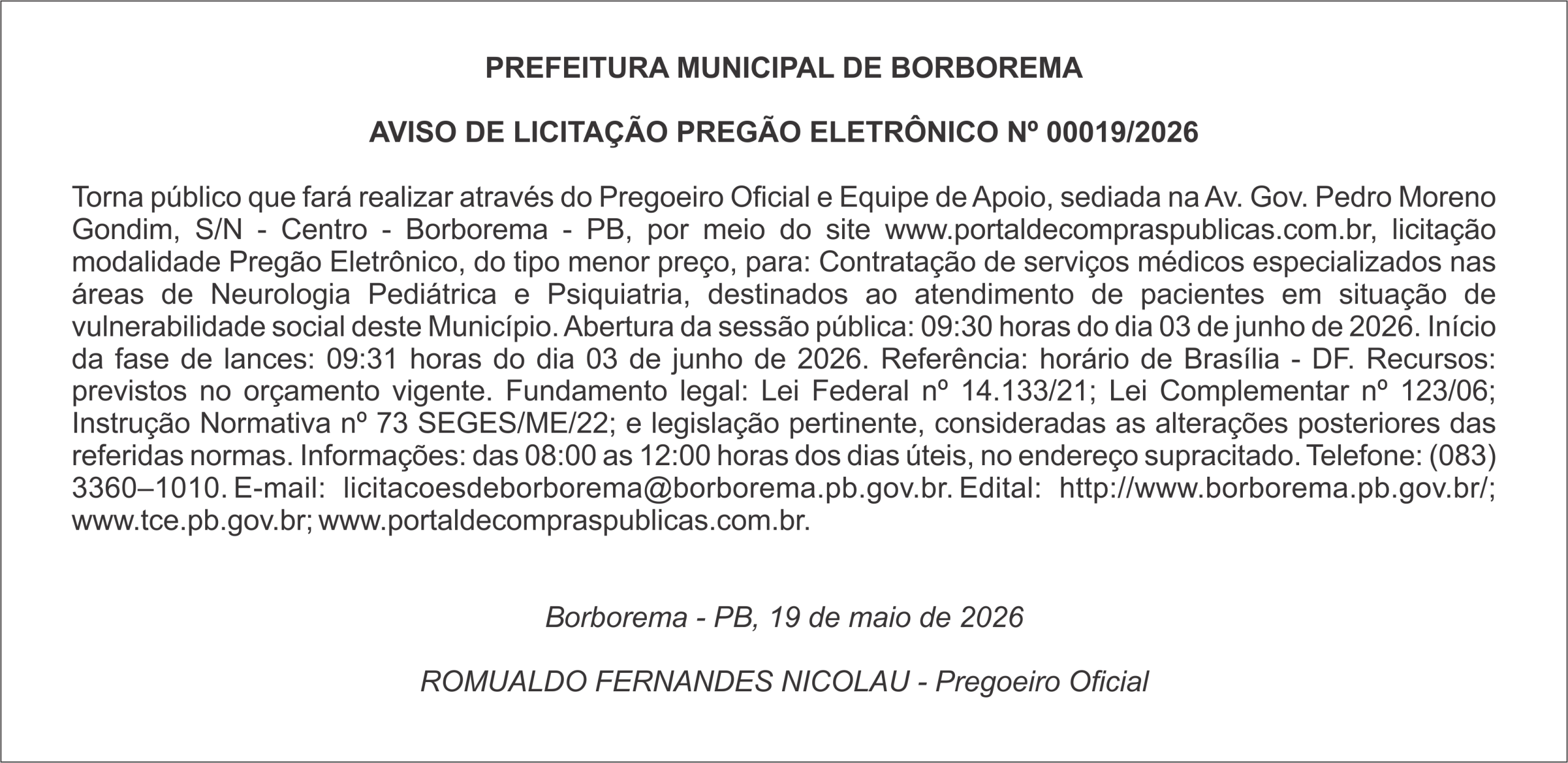 PREFEITURA MUNICIPAL DE BORBOREMA – AVISO DE LICITAÇÃO – PREGÃO ELETRÔNICO Nº 00019/2026