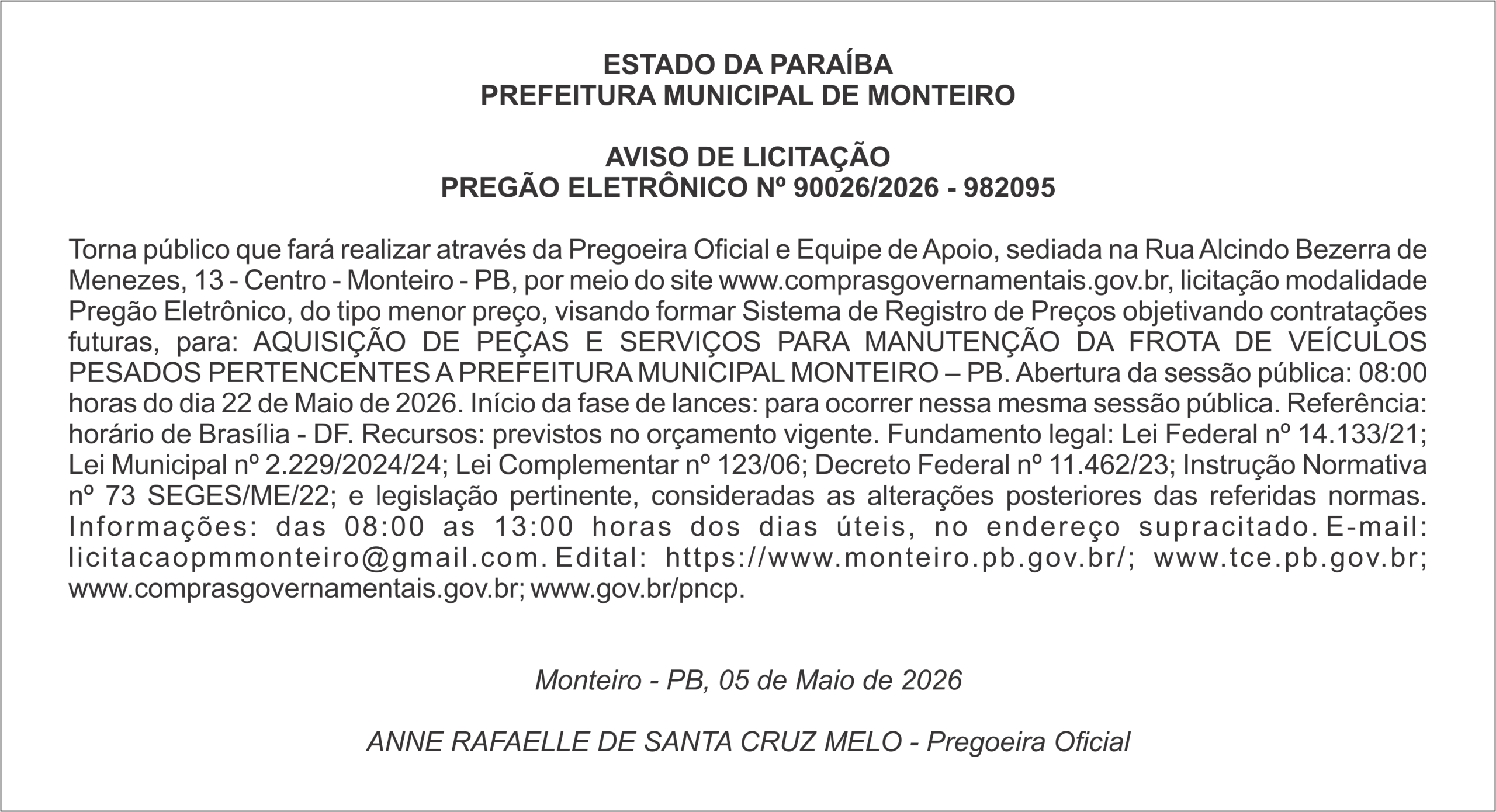 PREFEITURA MUNICIPAL DE MONTEIRO – AVISO DE LICITAÇÃO – PREGÃO ELETRÔNICO Nº 90026/2026 – 982095