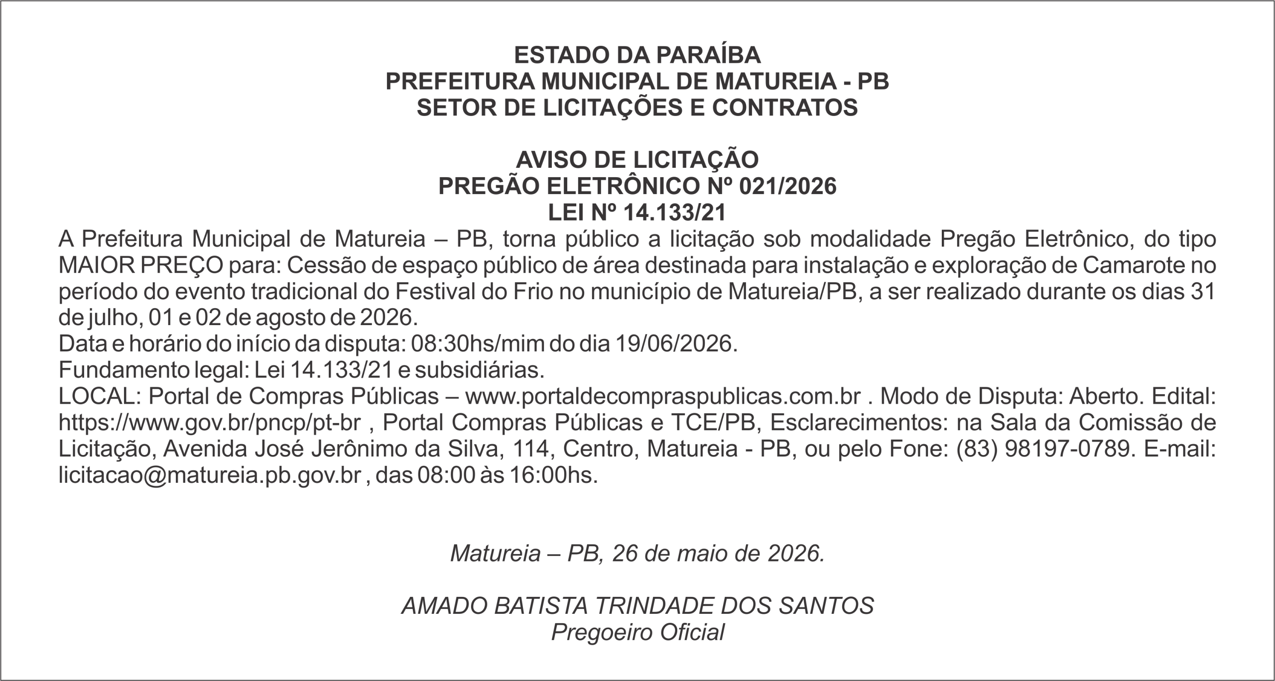 PREFEITURA MUNICIPAL DE MATUREIA – PB – AVISO DE LICITAÇÃO – PREGÃO ELETRÔNICO Nº 021/2026