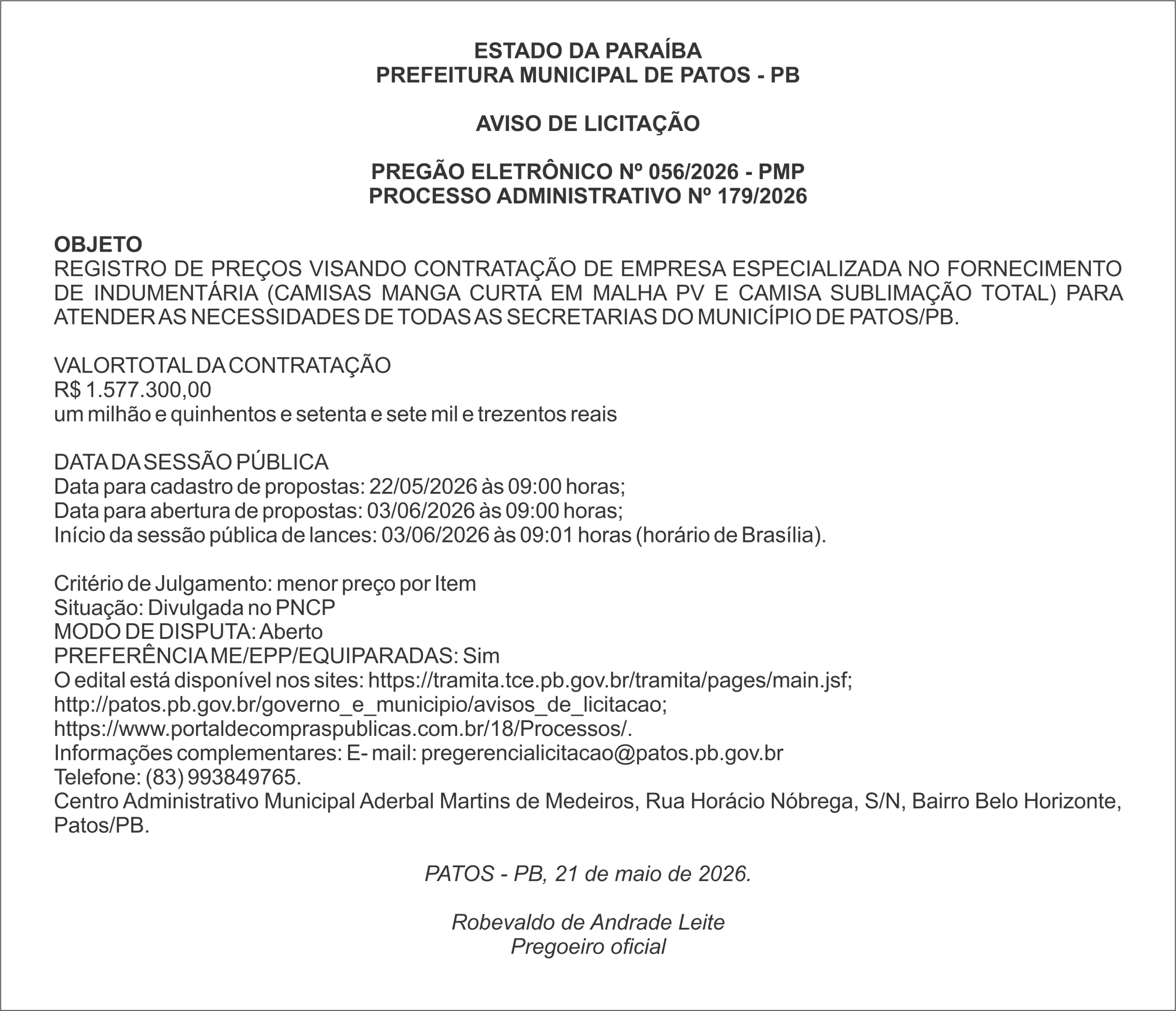 PREFEITURA MUNICIPAL DE PATOS – PB – PREGÃO ELETRÔNICO Nº 056/2026 – PMP