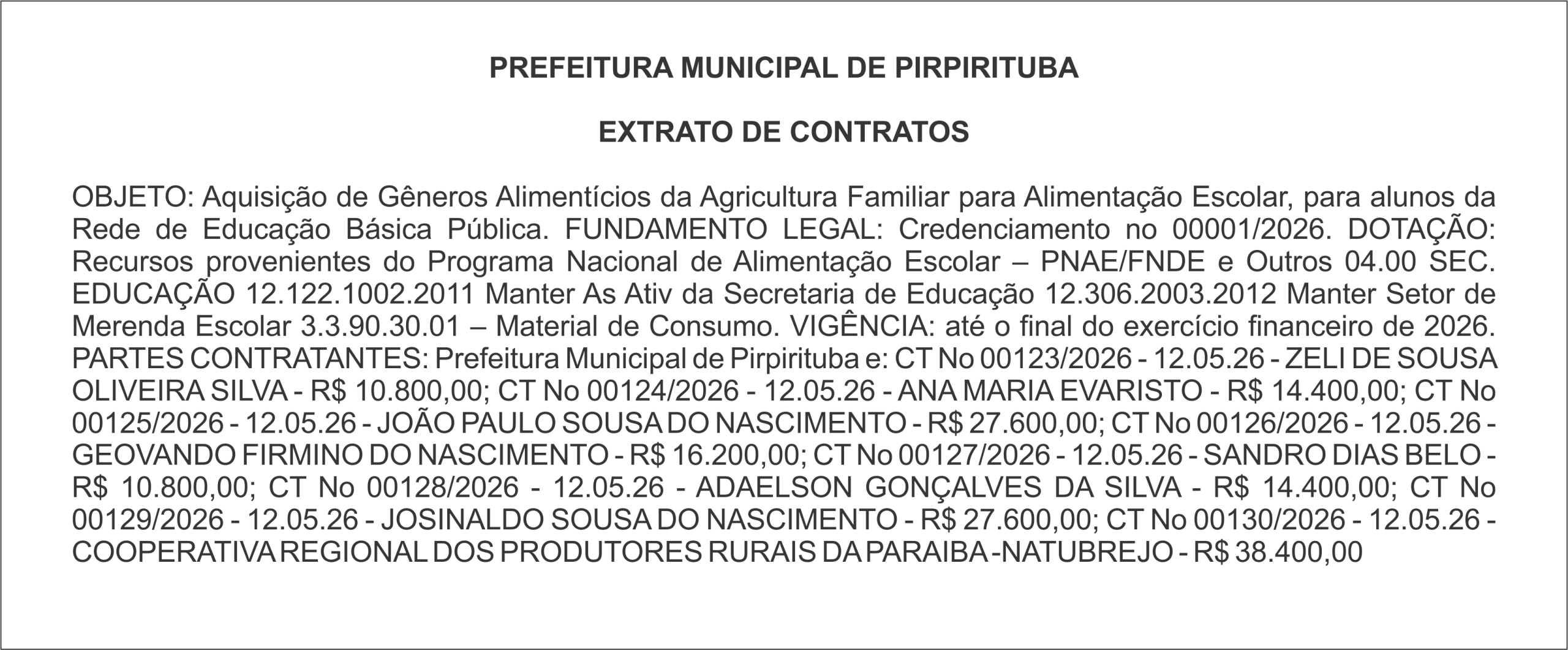 PREFEITURA MUNICIPAL DE PIRPIRITUBA – EXTRATO DE CONTRATOS