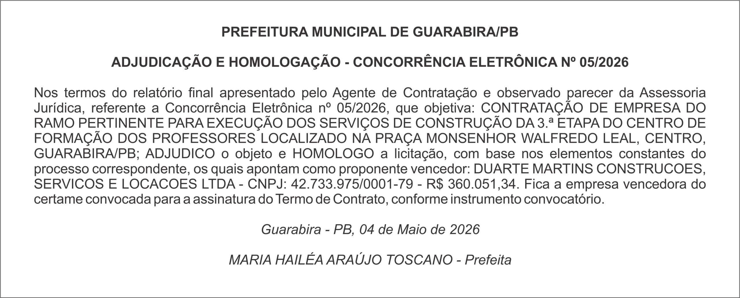 PREFEITURA MUNICIPAL DE GUARABIRA/PB   ADJUDICAÇÃO E HOMOLOGAÇÃO – CONCORRÊNCIA ELETRÔNICA Nº 05/2026
