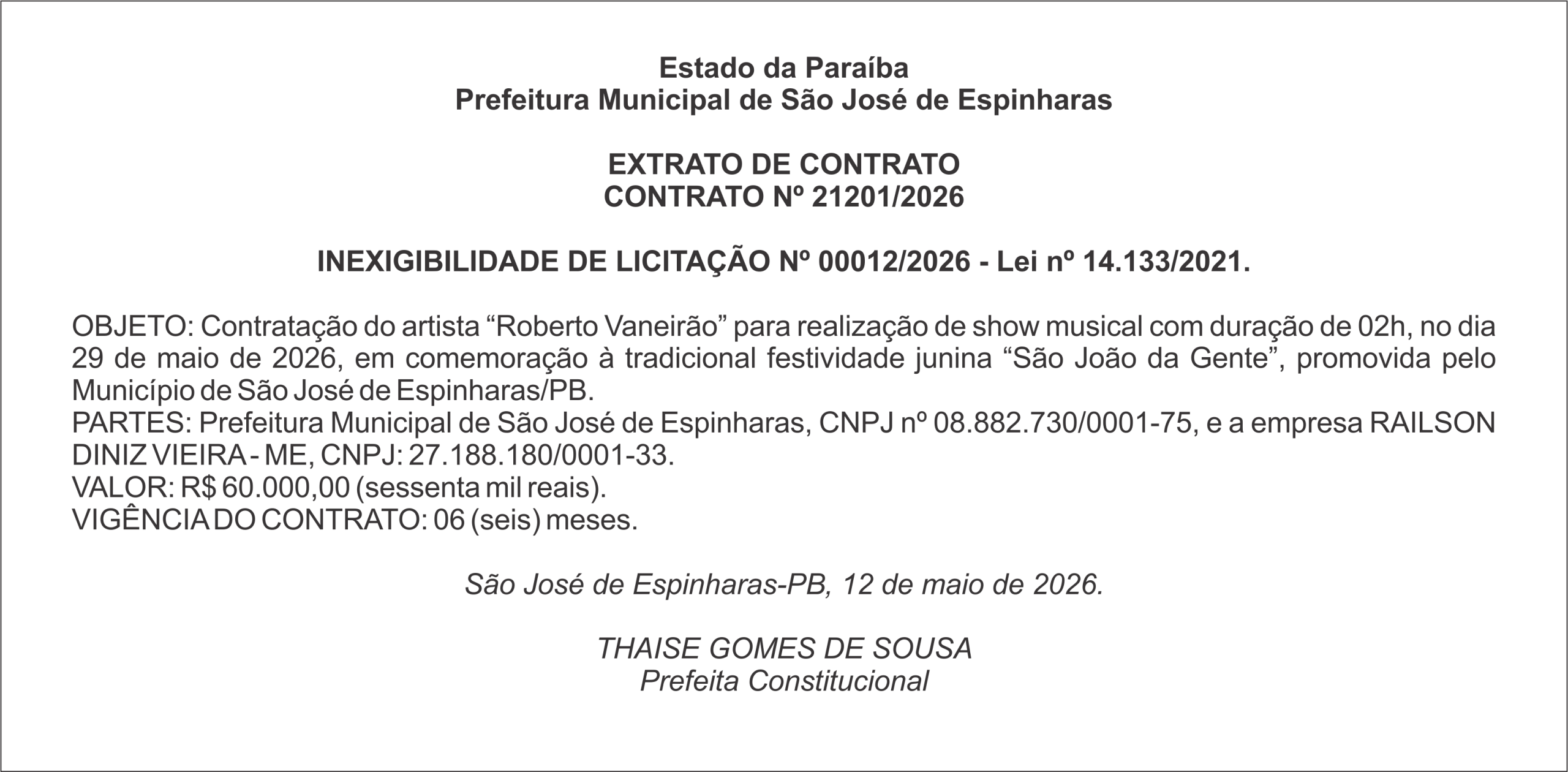 PREFEITURA DE SÃO JOSÉ DE ESPINHARAS – EXTRATO DE CONTRATO