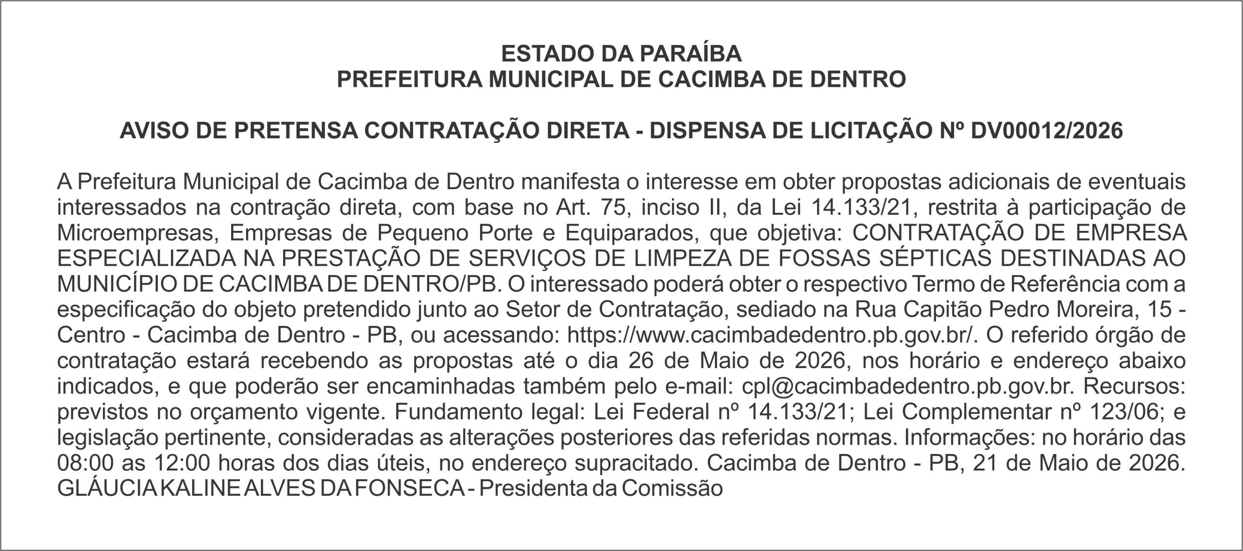 PREFEITURA MUNICIPAL DE CACIMBA DE DENTRO – AVISO DE PRETENSA CONTRATAÇÃO DIRETA – DISPENSA DE LICITAÇÃO Nº DV00012/2026