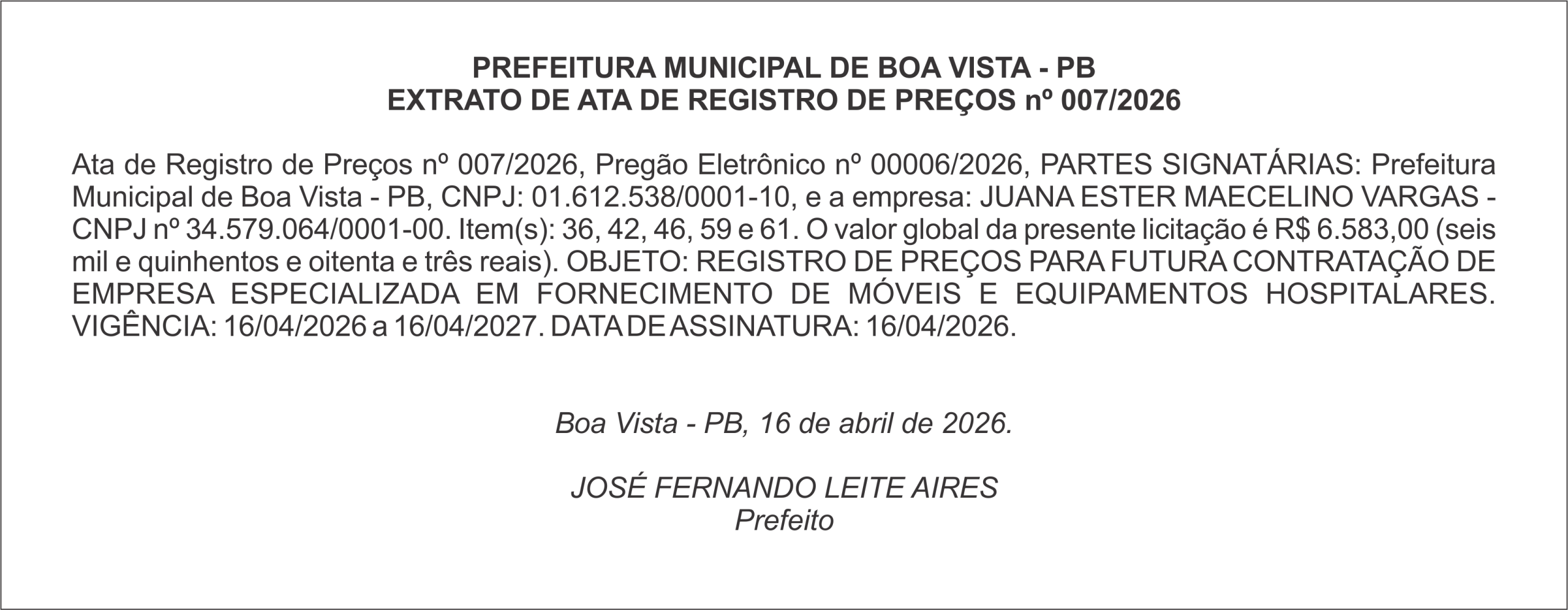 PREFEITURA MUNICIPAL DE BOA VISTA – PB – EXTRATO DE ATA DE REGISTRO DE PREÇOS nº 007/2026