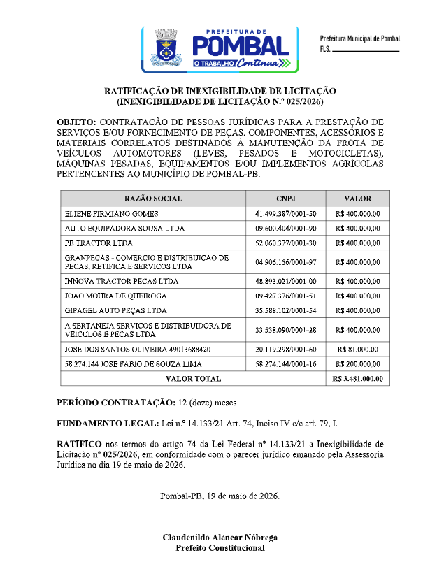 PREFEITURA MUNICIPAL DE POMBAL – RATIFICAÇÃO DE INEXIGIBILIDADE DE LICITAÇÃO (INEXIGIBILIDADE DE LICITAÇÃO N.º 025/2026)