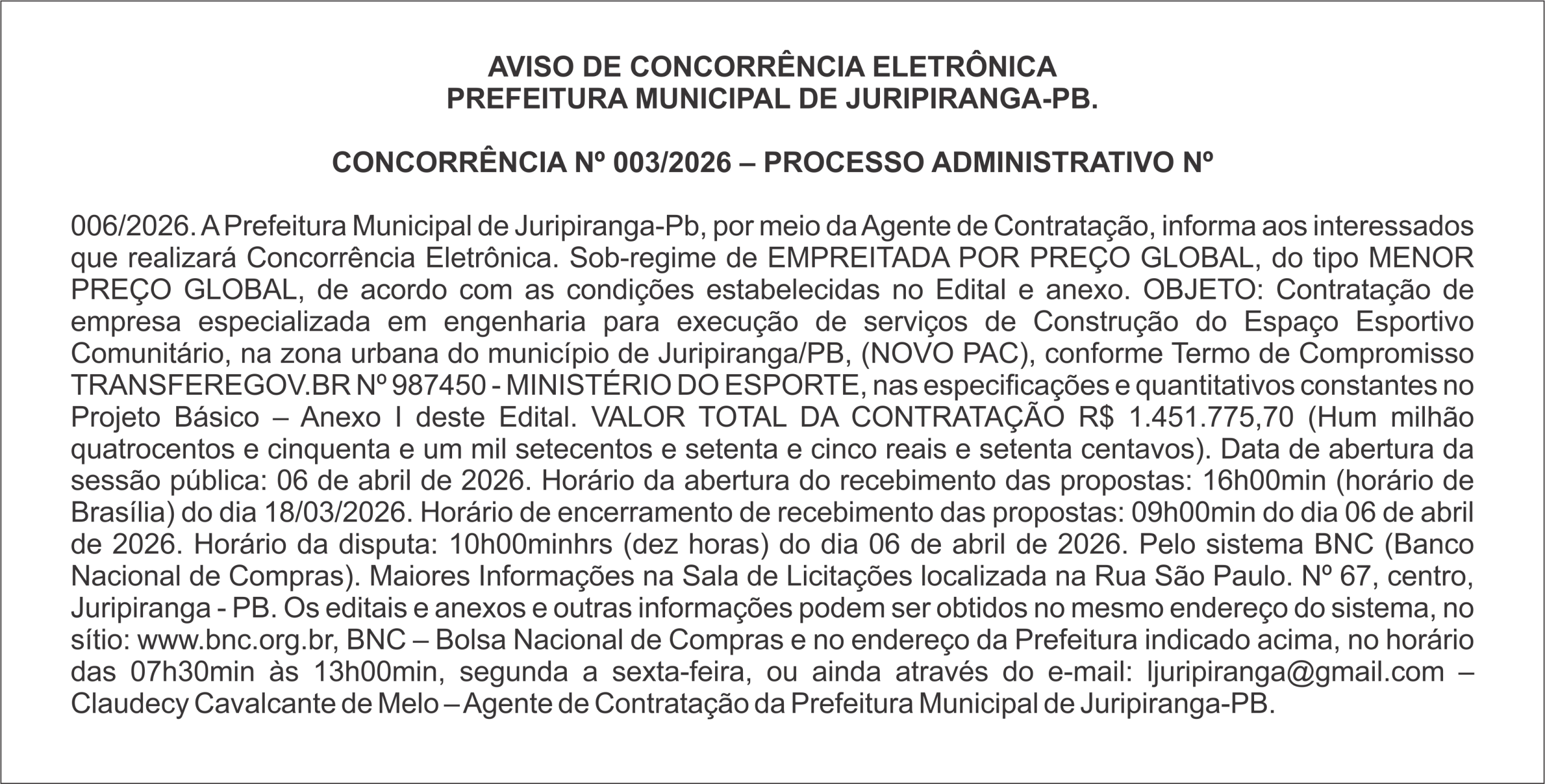 PREFEITURA MUNICIPAL DE JURIPIRANGA-PB – AVISO DE CONCORRÊNCIA ELETRÔNICA