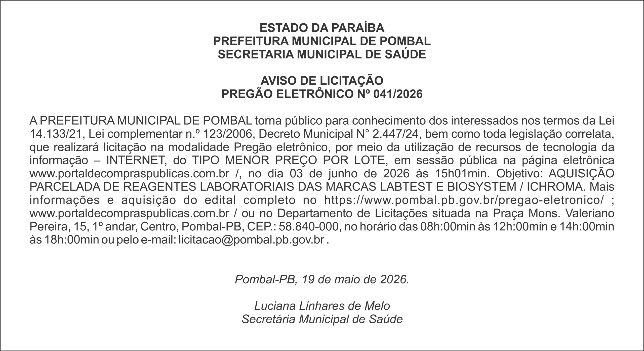 PREFEITURA MUNICIPAL DE POMBAL – AVISO DE LICITAÇÃO PREGÃO ELETRÔNICO Nº 041/2026