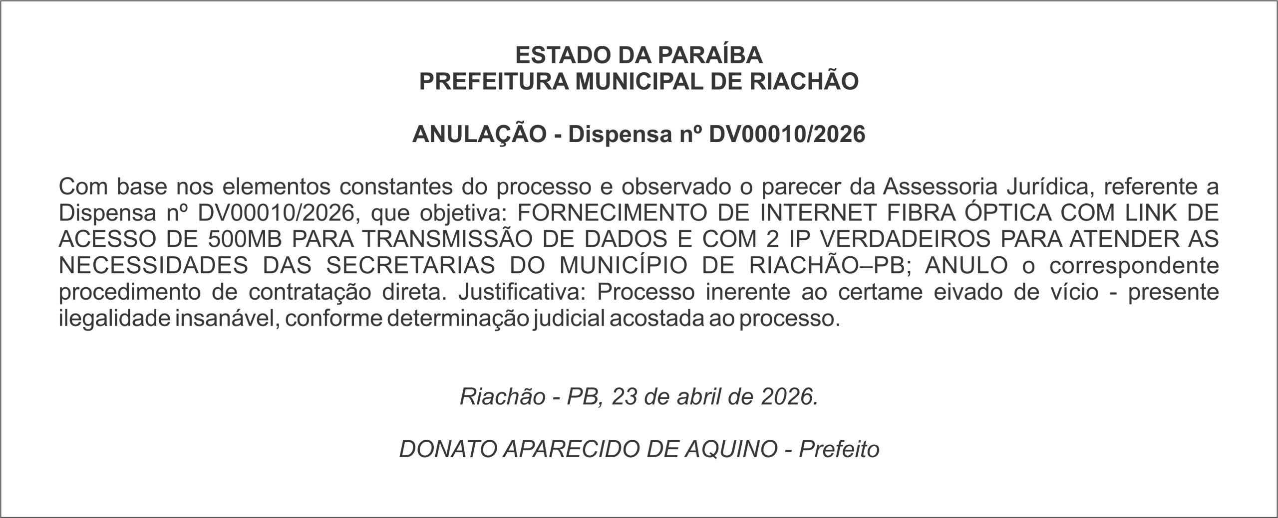 PREFEITURA MUNICIPAL DE RIACHÃO – ANULAÇÃO – Dispensa nº DV00010/2026