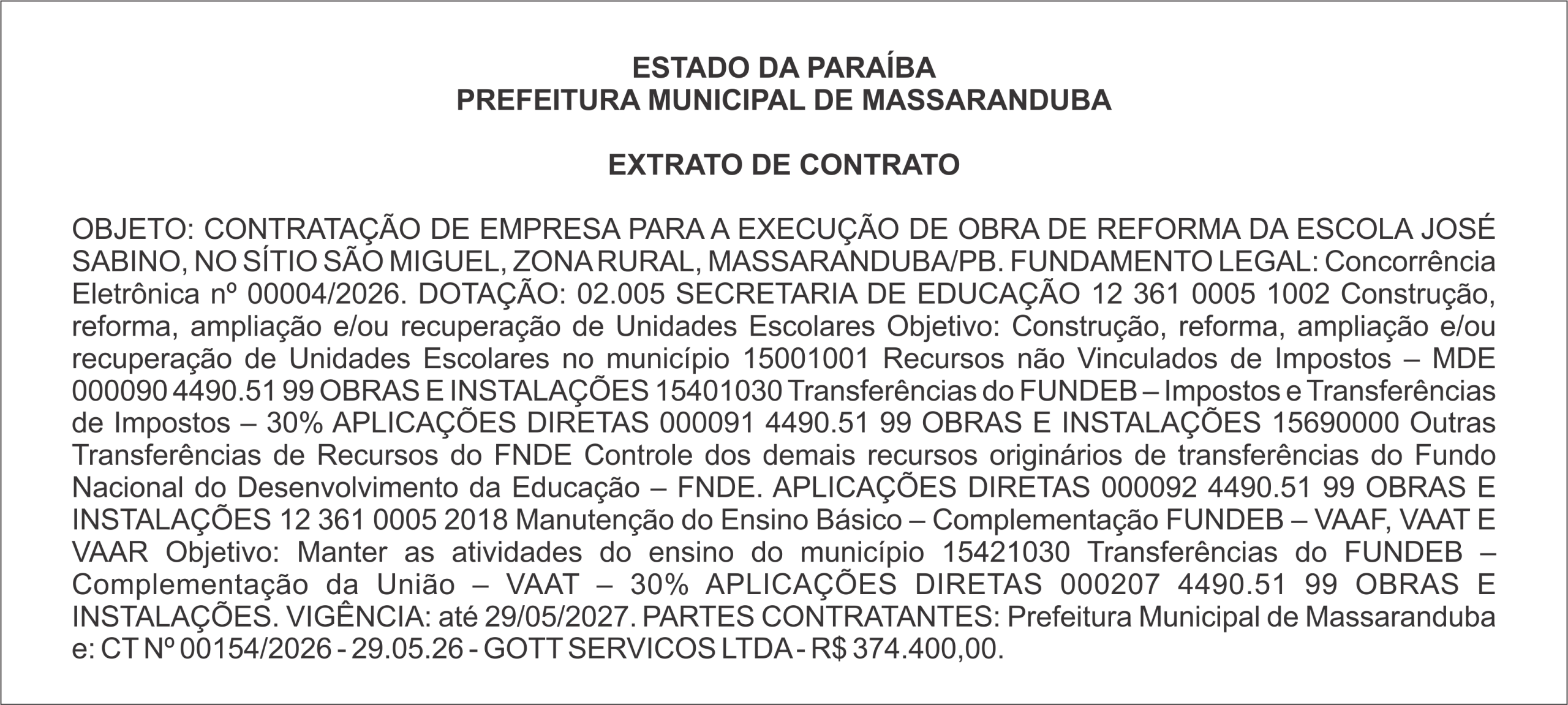 PREFEITURA MUNICIPAL DE MASSARANDUBA- EXTRATO DE CONTRATO
