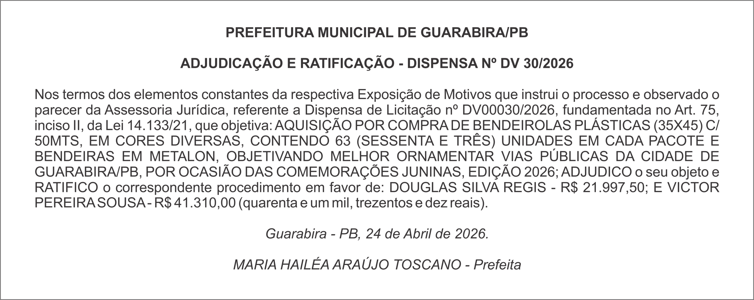 PREFEITURA MUNICIPAL DE GUARABIRA/PB ADJUDICAÇÃO E RATIFICAÇÃO – DISPENSA Nº DV 30/2026