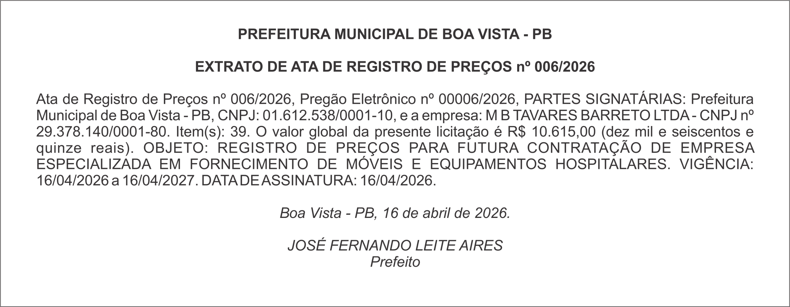 PREFEITURA MUNICIPAL DE BOA VISTA – PB – EXTRATO DE ATA DE REGISTRO DE PREÇOS nº 006/2026