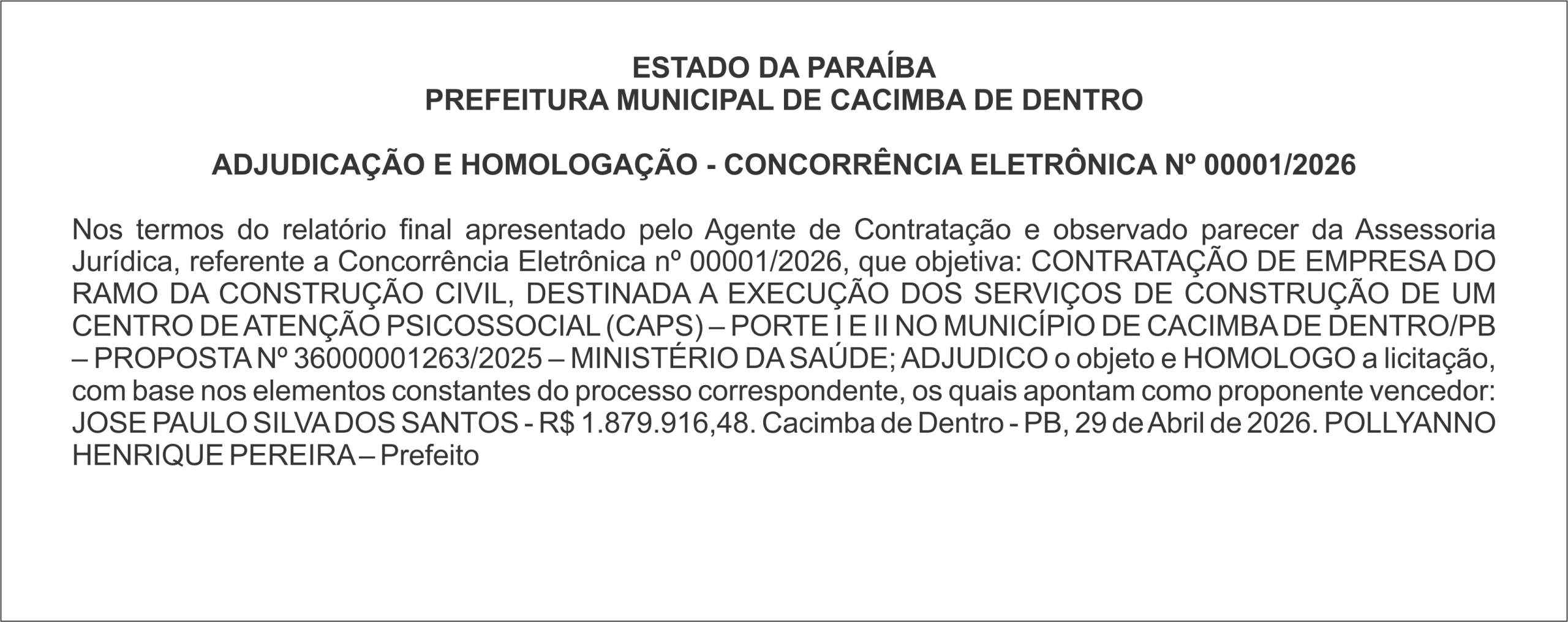 PREFEITURA MUNICIPAL DE CACIMBA DE DENTRO – ADJUDICAÇÃO E HOMOLOGAÇÃO – CONCORRÊNCIA ELETRÔNICA Nº 00001/2026
