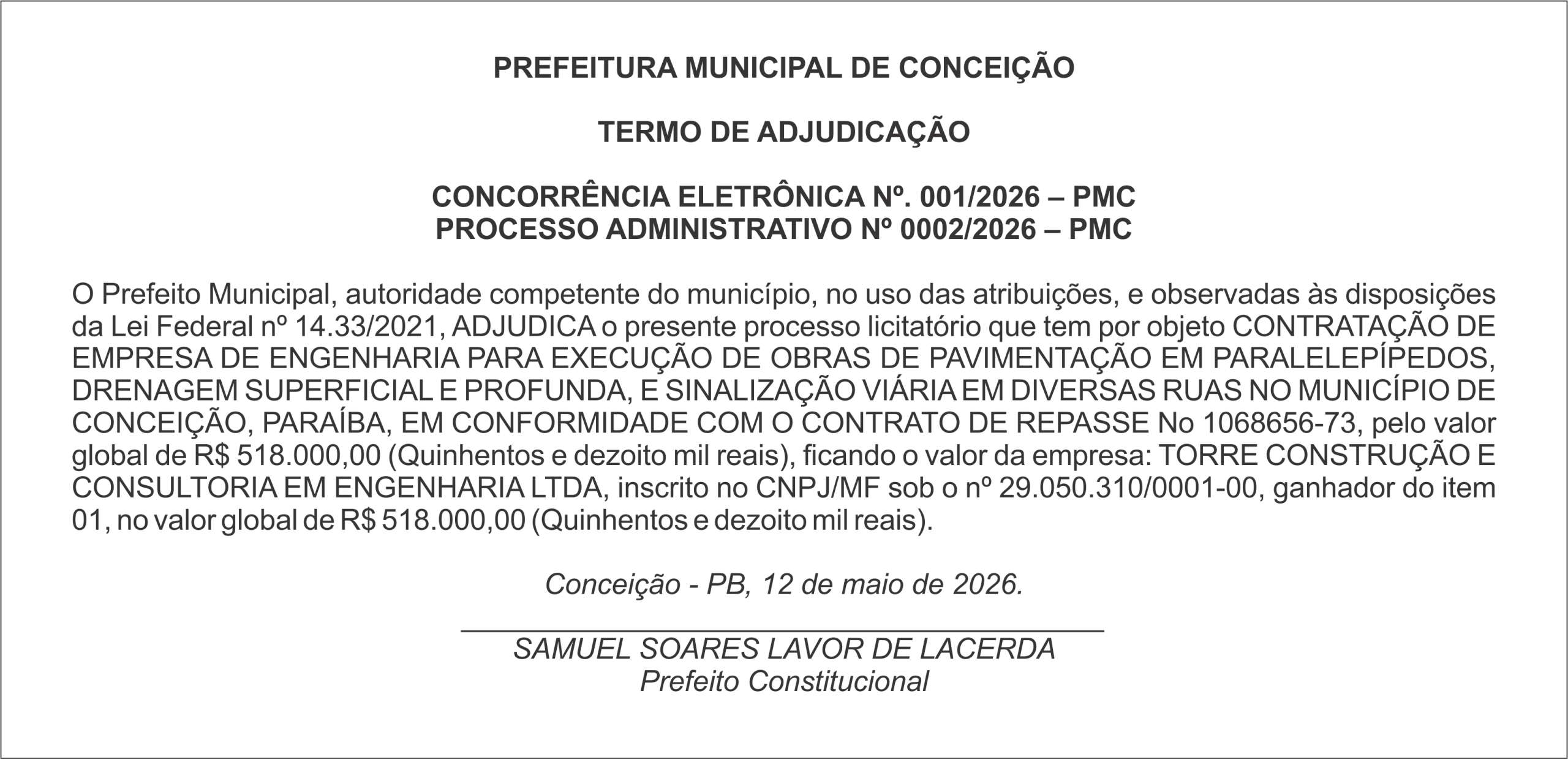 PREFEITURA DE CONCEIÇÃO – TERMO DE ADJUDICAÇÃO