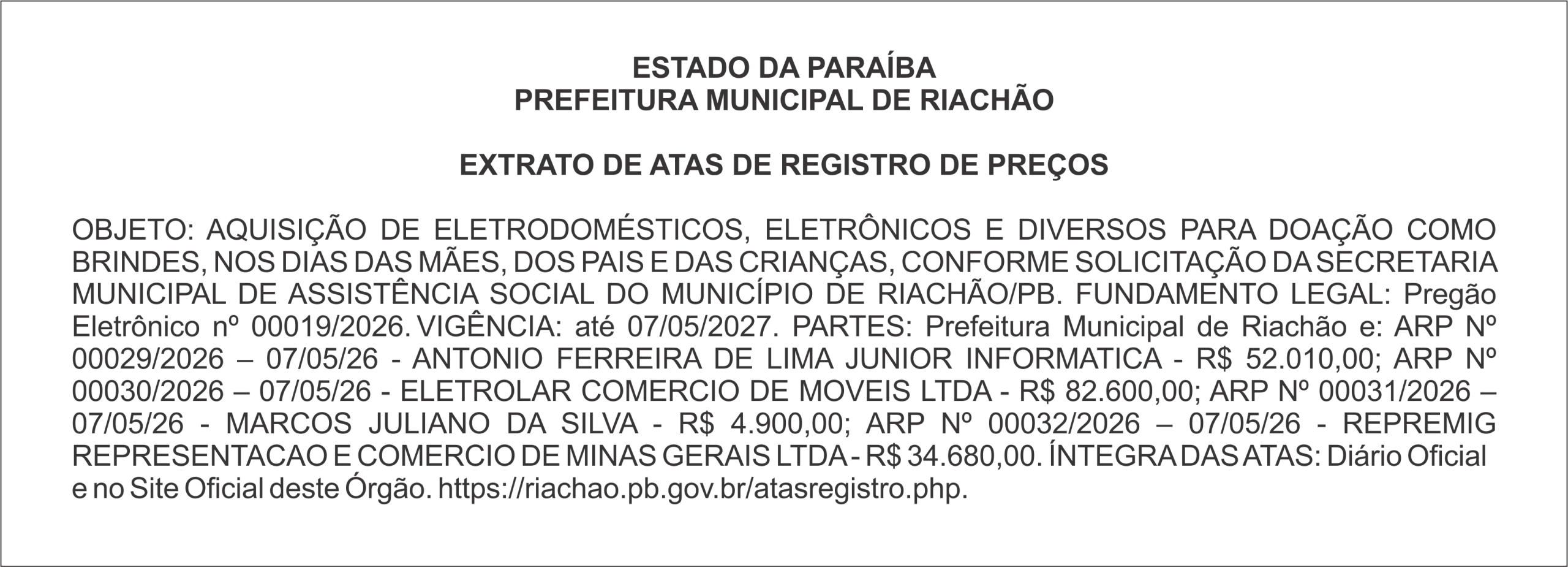 PREFEITURA MUNICIPAL DE RIACHÃO – EXTRATO DE ATAS DE REGISTRO DE PREÇOS