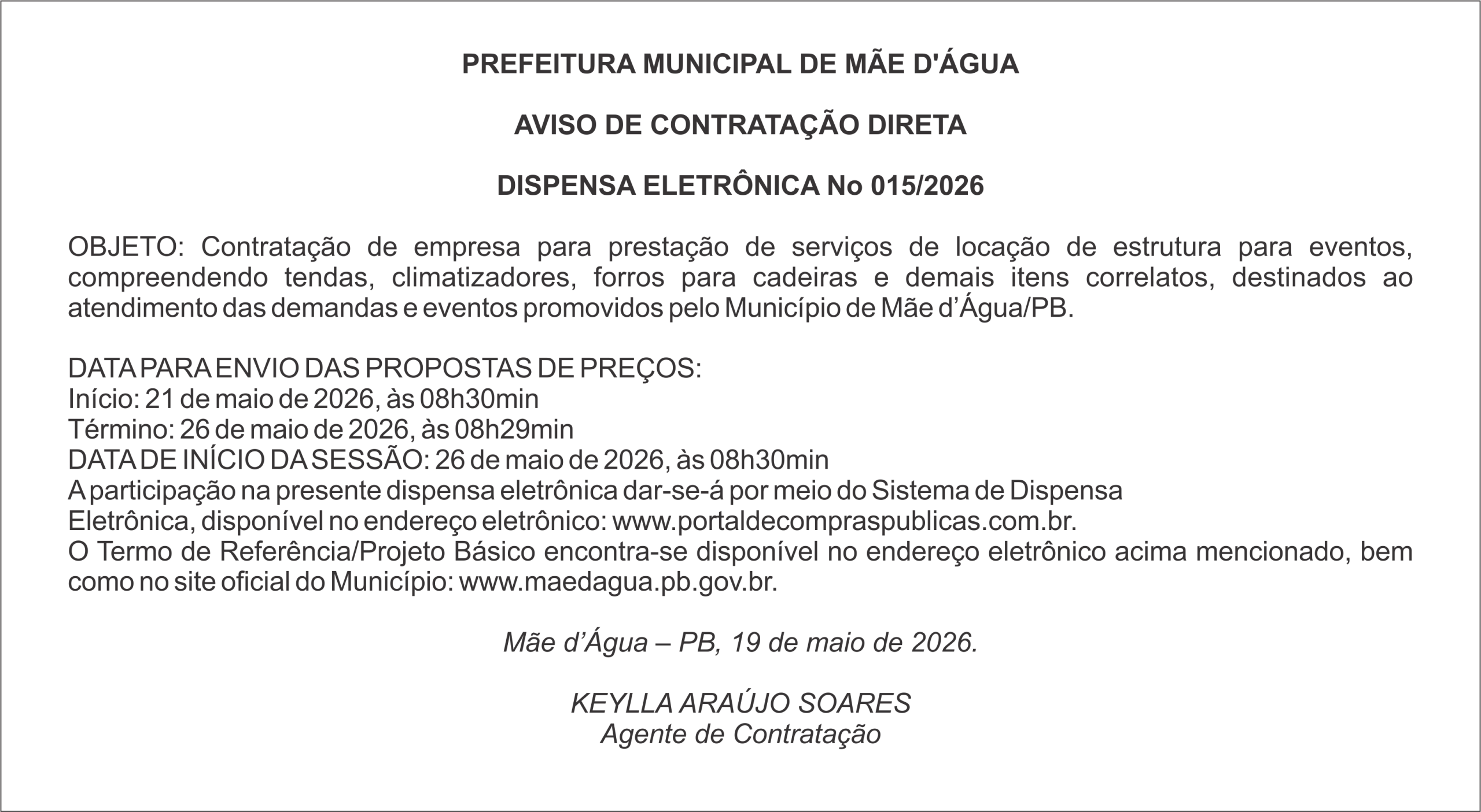 PREFEITURA DE MÃE D’ÁGUA – AVISO DE CONTRATAÇÃO DIRETA – DISPENSA ELETRÔNICA No 015/2026