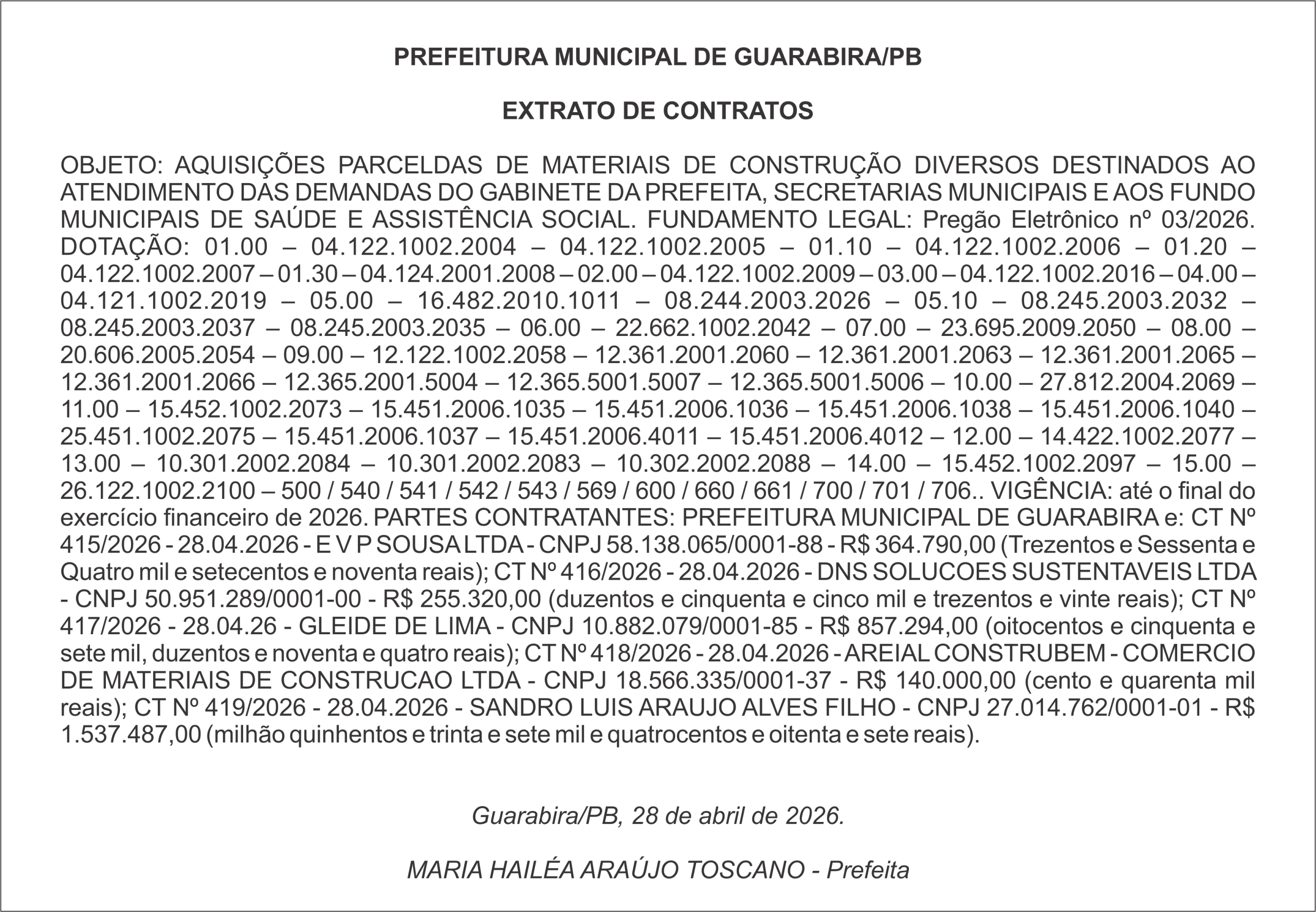 PREFEITURA MUNICIPAL DE GUARABIRA/PB – EXTRATO DE CONTRATOS