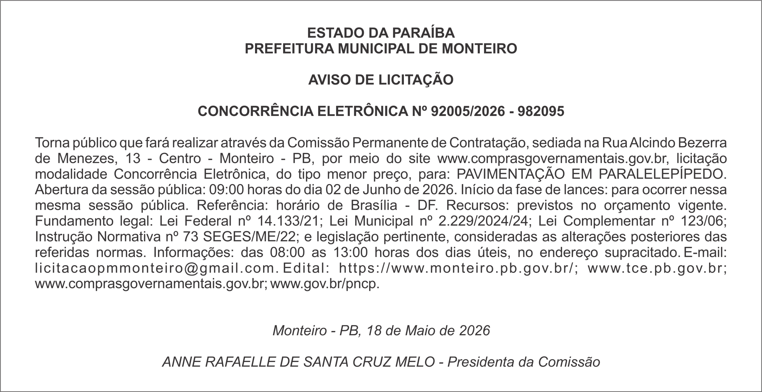 PREFEITURA MUNICIPAL DE MONTEIRO – AVISO DE LICITAÇÃO  CONCORRÊNCIA ELETRÔNICA Nº 92005/2026 – 982095