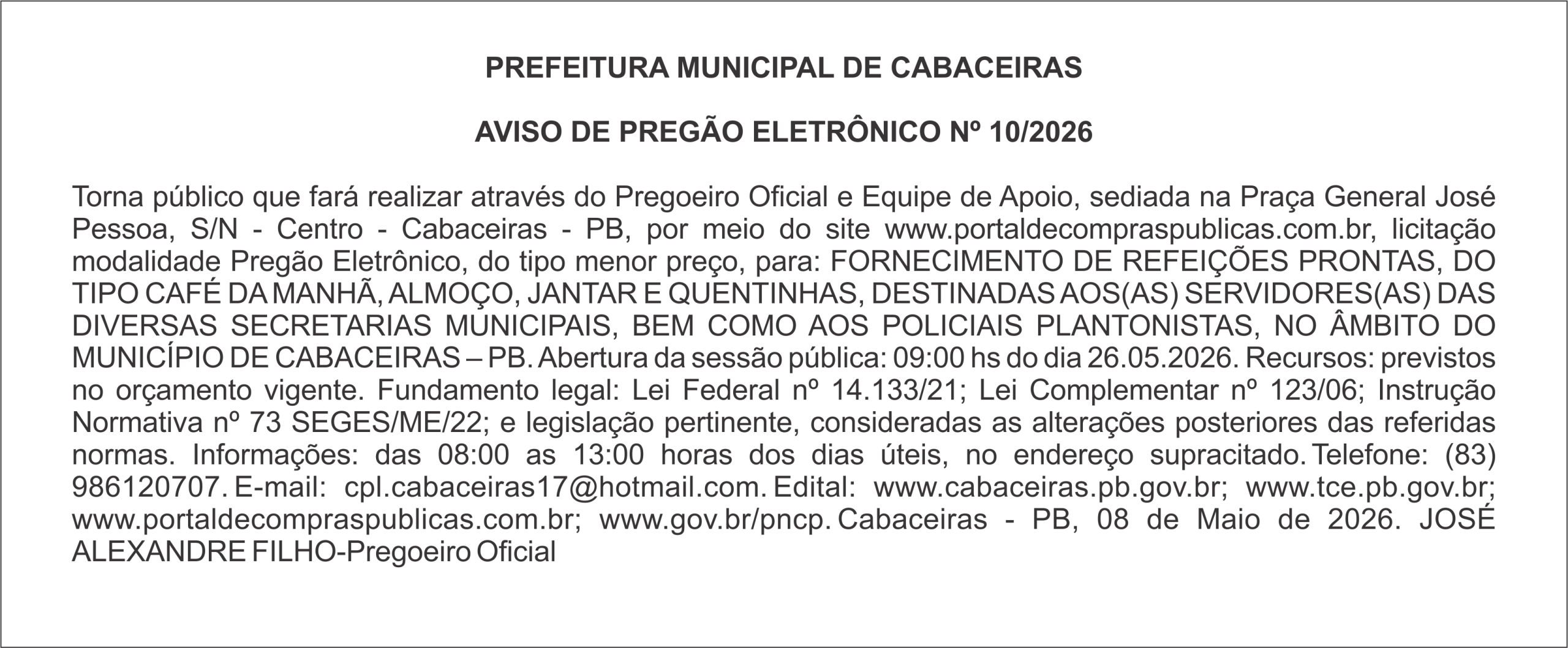 PREFEITURA MUNICIPAL DE CABACEIRAS – AVISO DE PREGÃO ELETRÔNICO Nº 10/2026