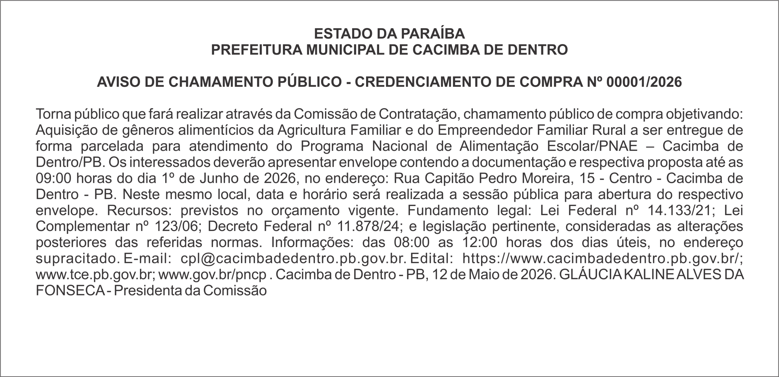 PREFEITURA MUNICIPAL DE CACIMBA DE DENTRO – AVISO DE CHAMAMENTO PÚBLICO – CREDENCIAMENTO DE COMPRA Nº 00001/2026