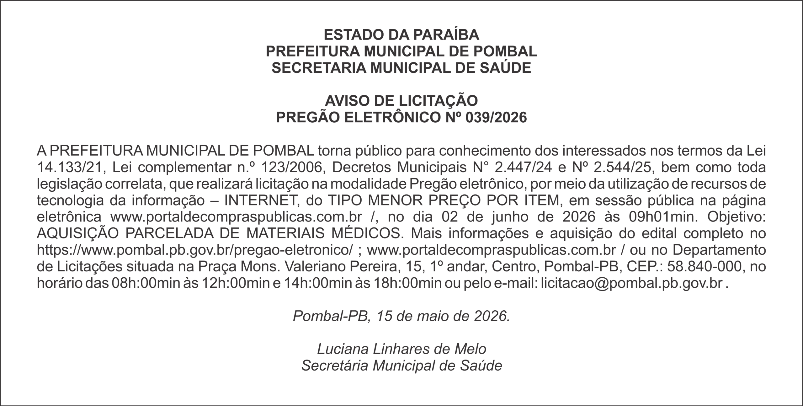 PREFEITURA MUNICIPAL DE POMBAL – AVISO DE LICITAÇÃO PREGÃO ELETRÔNICO Nº 039/2026