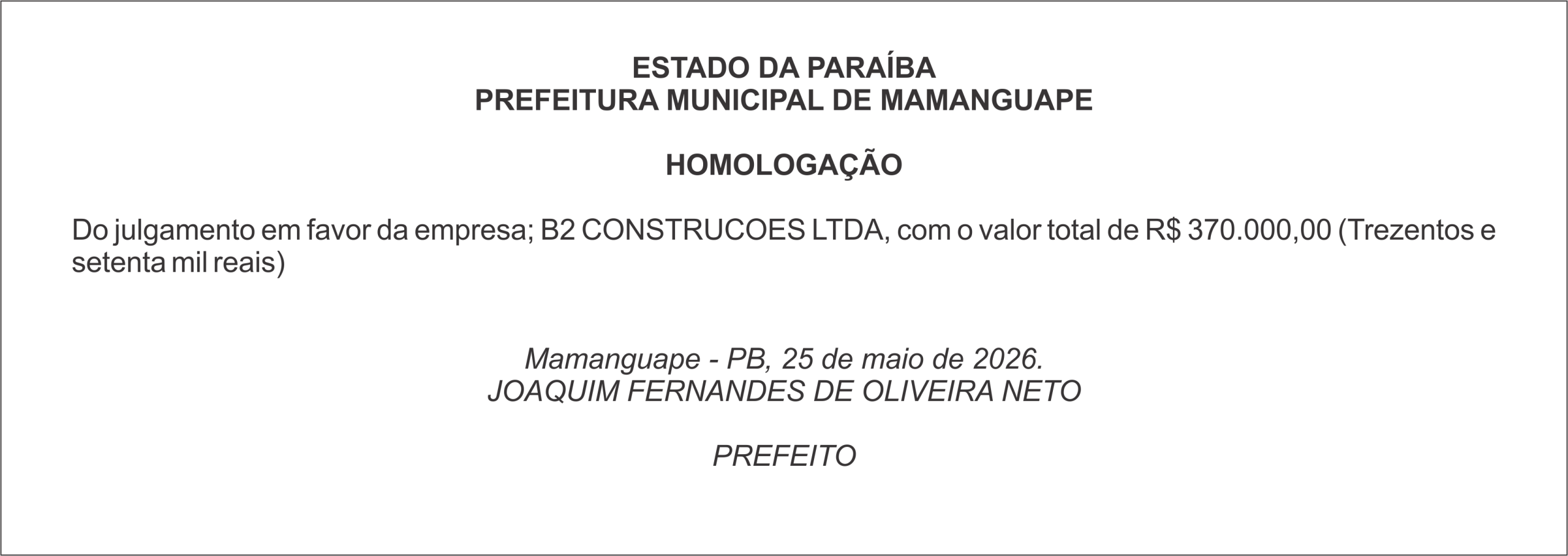PREFEITURA DE MAMANGUAPE – HOMOLOGAÇÃO