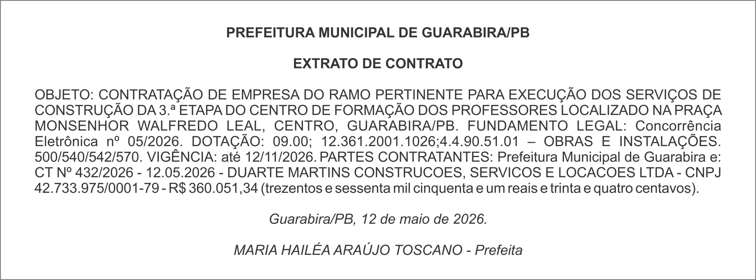 PREFEITURA MUNICIPAL DE GUARABIRA/PB  EXTRATO DE CONTRATO