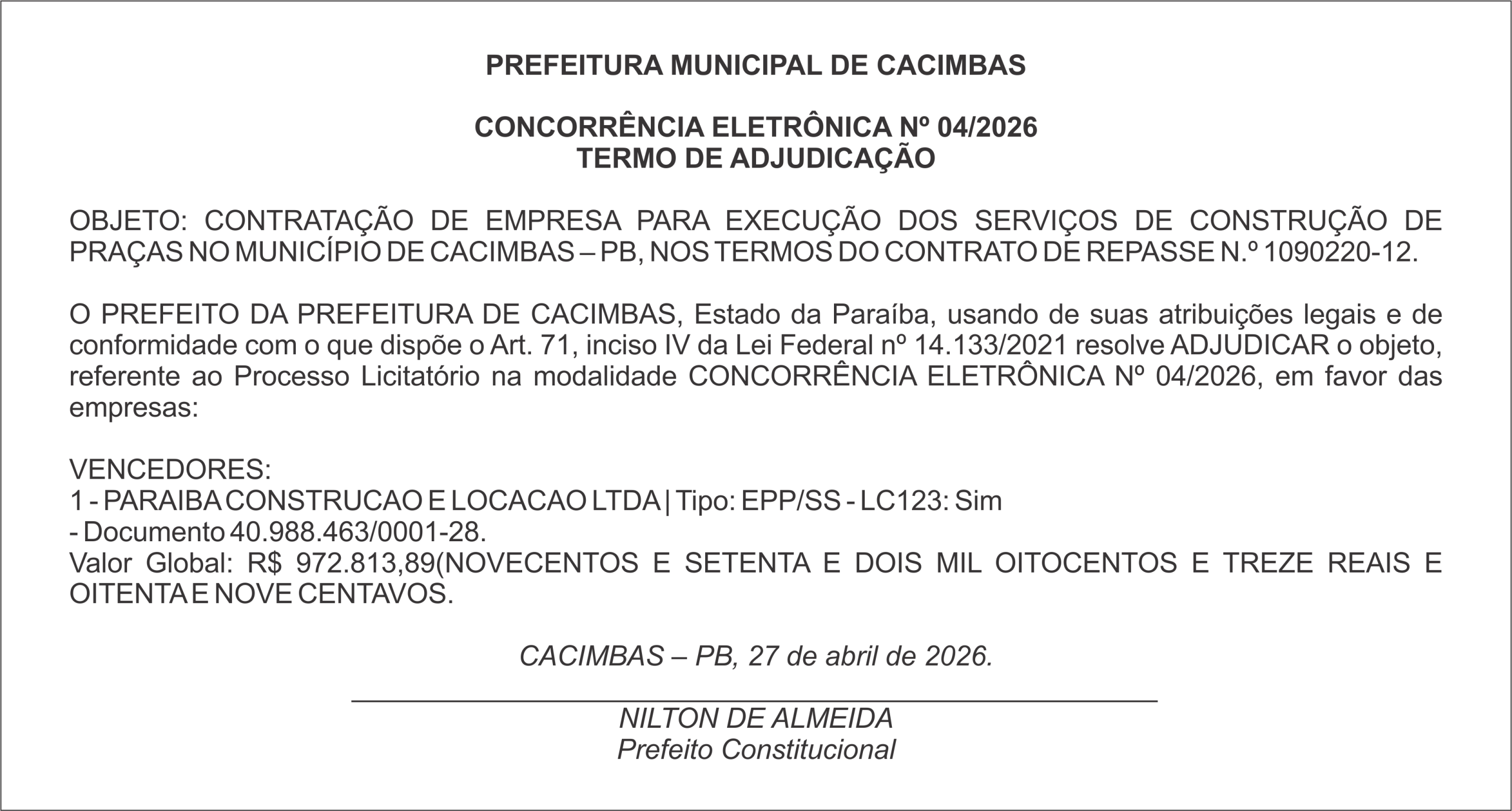 PREFEITURA DE CACIMBAS – CONCORRÊNCIA ELETRÔNICA Nº 04/2026