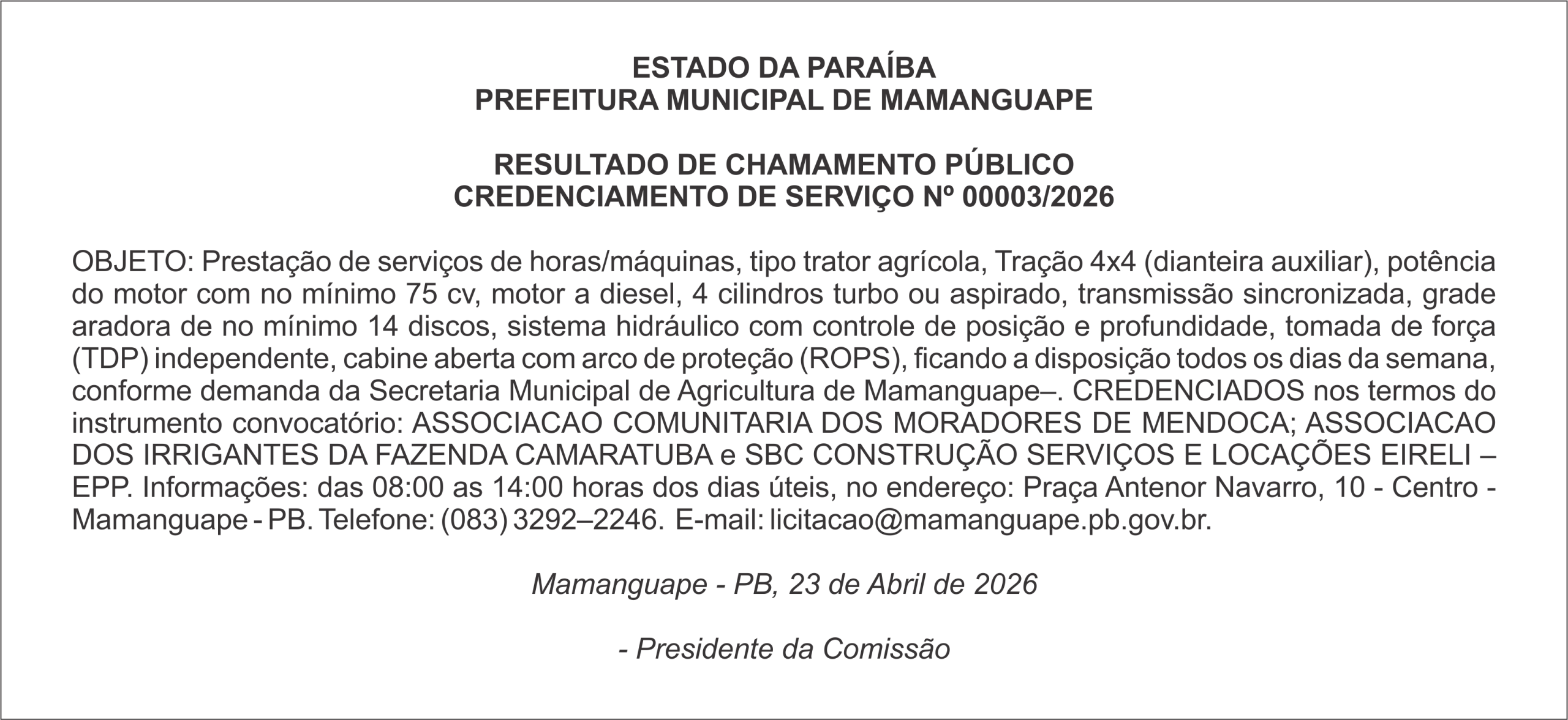 PREFEITURA MUNICIPAL DE MAMANGUAPE – RESULTADO DE CHAMAMENTO PÚBLICO CREDENCIAMENTO DE SERVIÇO Nº 00003/2026