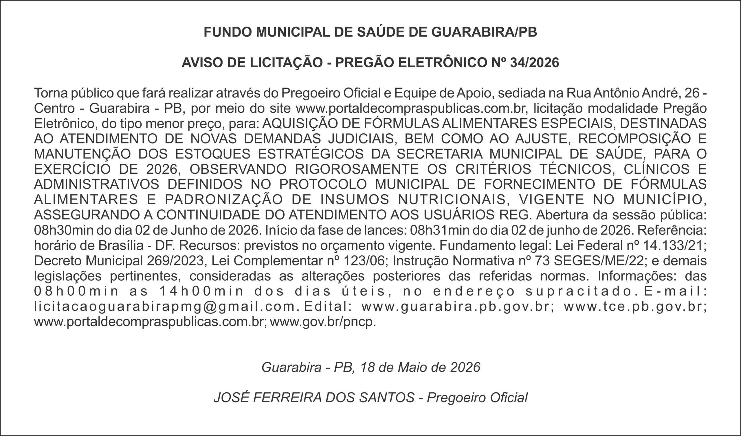 FUNDO MUNICIPAL DE SAÚDE DE GUARABIRA/PB – AVISO DE LICITAÇÃO – PREGÃO ELETRÔNICO Nº 34/2026