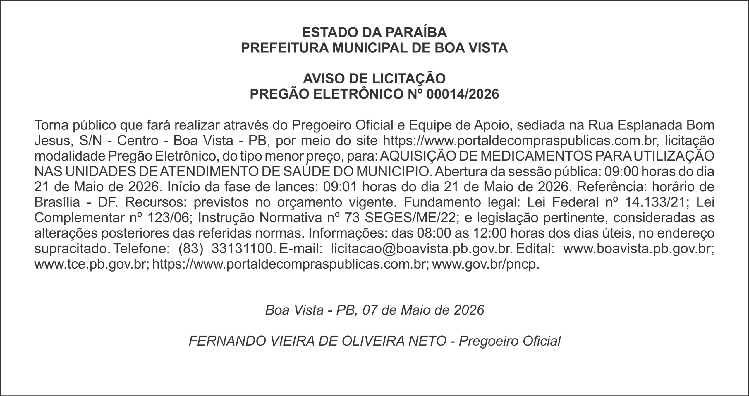 PREFEITURA MUNICIPAL DE BOA VISTA – AVISO DE LICITAÇÃO – PREGÃO ELETRÔNICO Nº 00014/2026