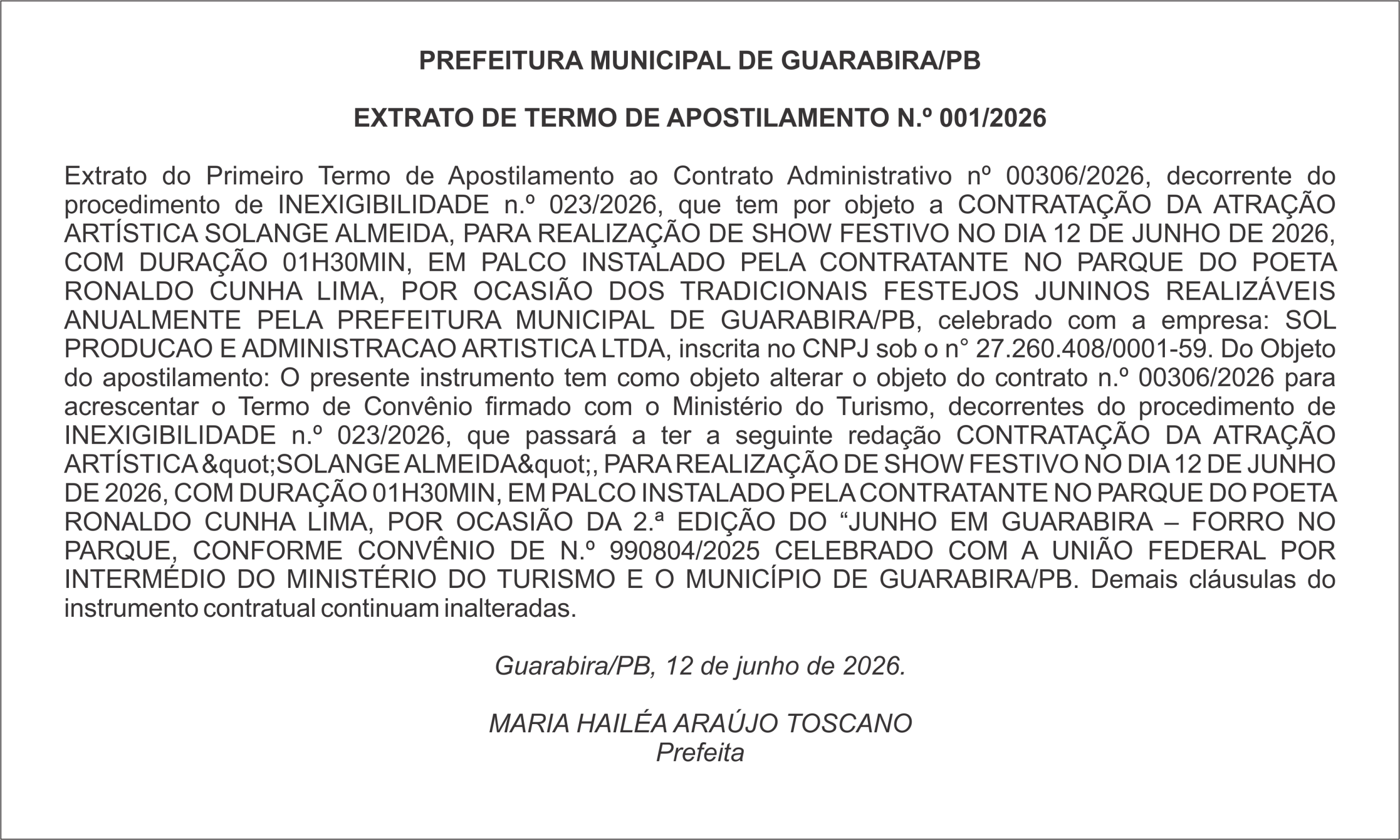 PREFEITURA MUNICIPAL DE GUARABIRA/PB EXTRATO DE TERMO DE APOSTILAMENTO N.º 001/2026