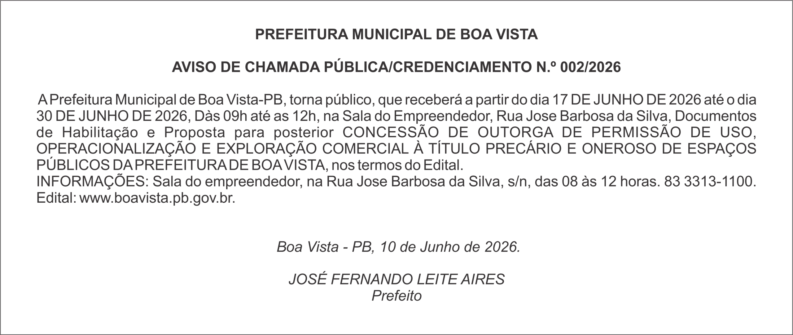 PREFEITURA MUNICIPAL DE BOA VISTA – AVISO DE CHAMADA PÚBLICA/CREDENCIAMENTO N.º  002/2026