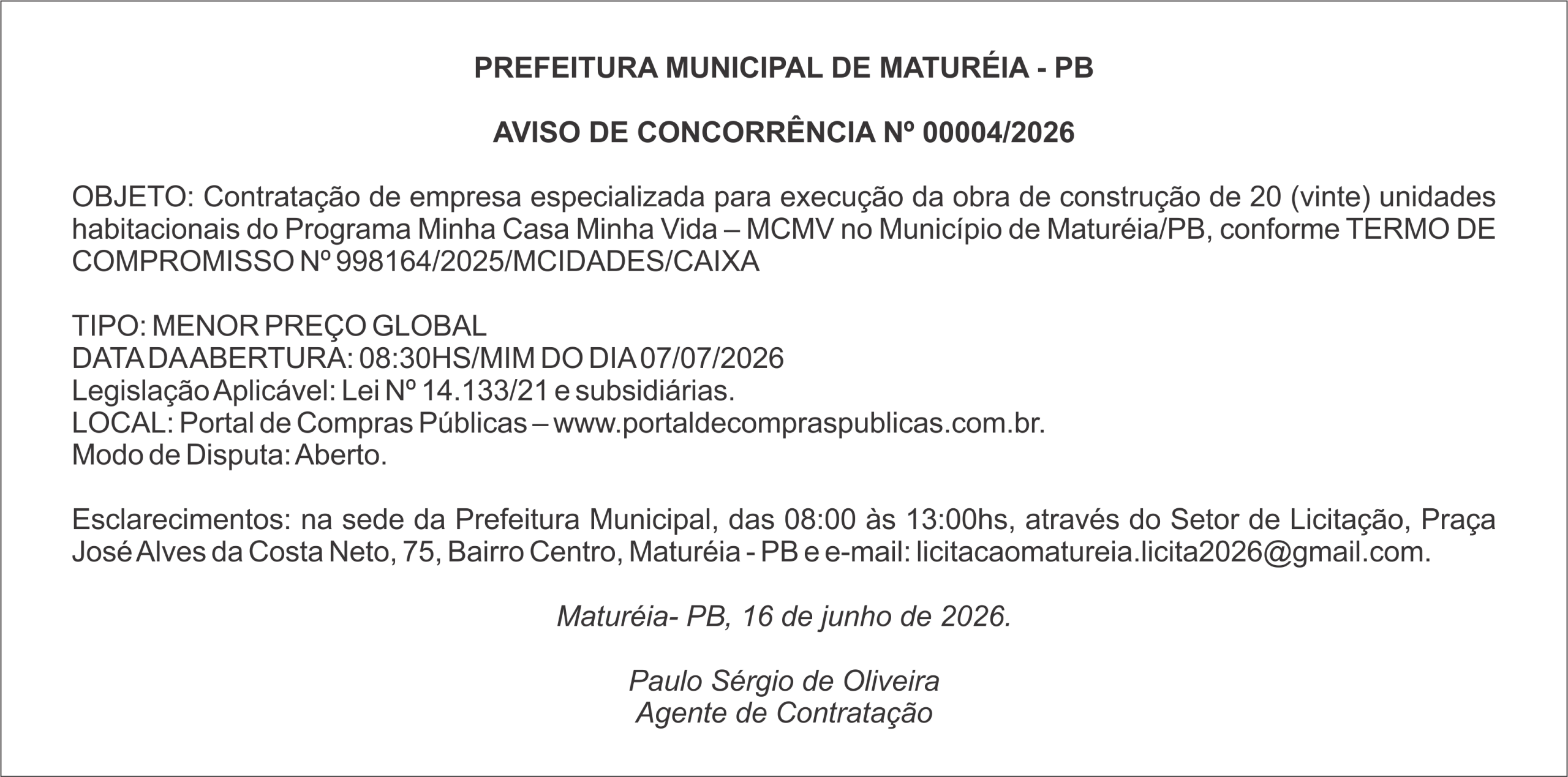 PREFEITURA MUNICIPAL DE MATURÉIA – PB – AVISO DE CONCORRÊNCIA Nº 00004/2026
