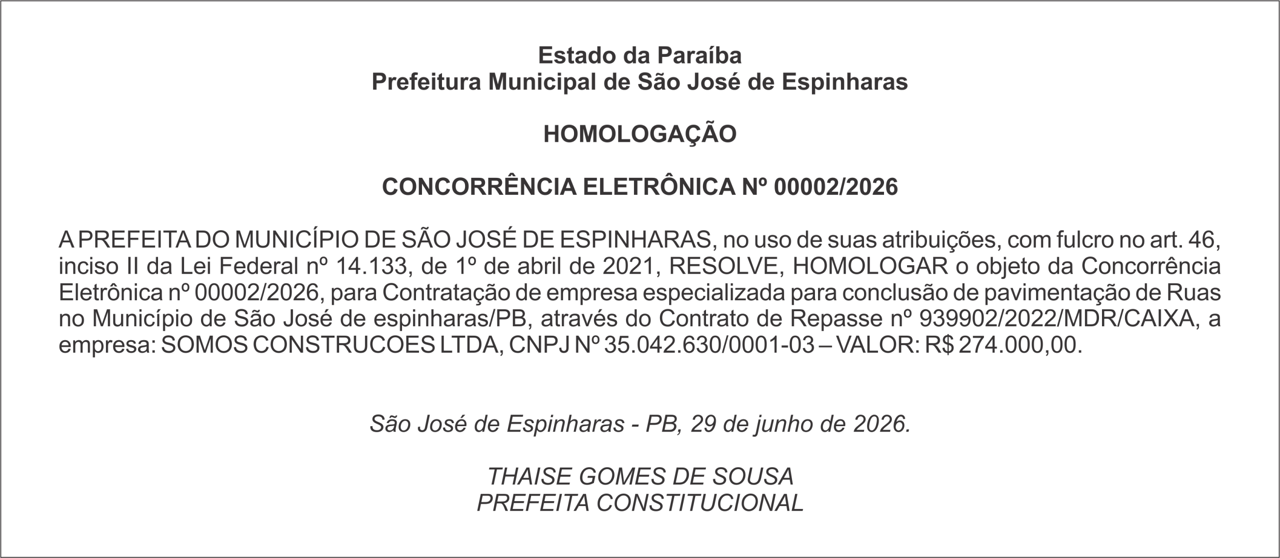 PREFEITURA DE SÃO JOSÉ DE ESPINHARAS – HOMOLOGAÇÃO