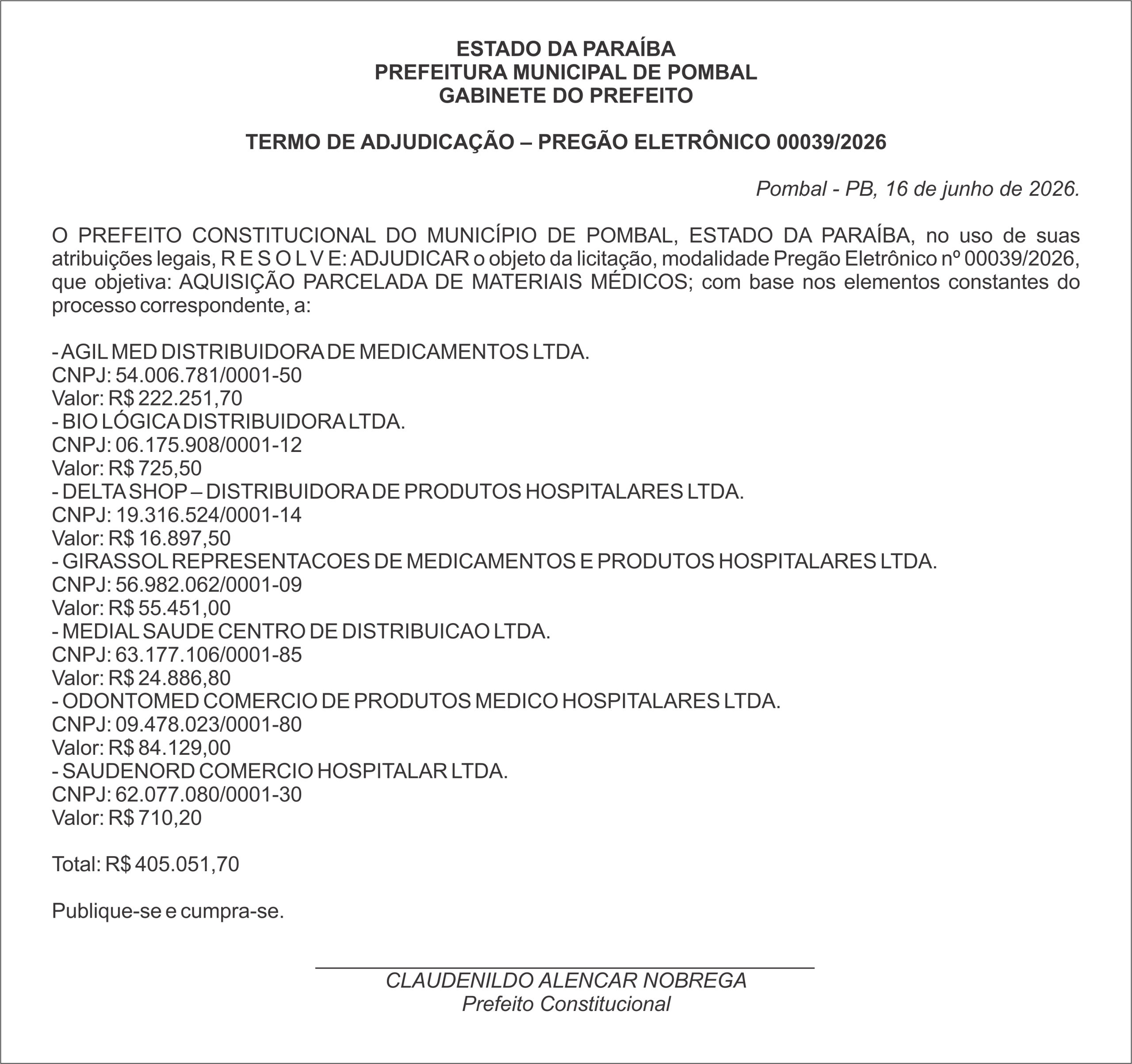 PREFEITURA MUNICIPAL DE POMBAL – TERMO DE ADJUDICAÇÃO – PREGÃO ELETRÔNICO 00039/2026