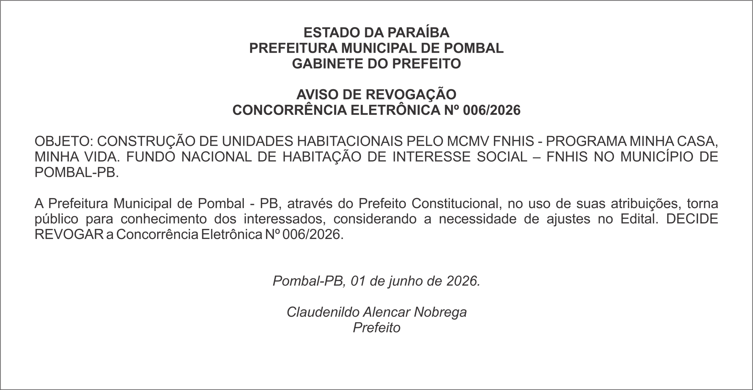 PREFEITURA MUNICIPAL DE POMBAL – AVISO DE REVOGAÇÃO CONCORRÊNCIA ELETRÔNICA Nº 006/2026
