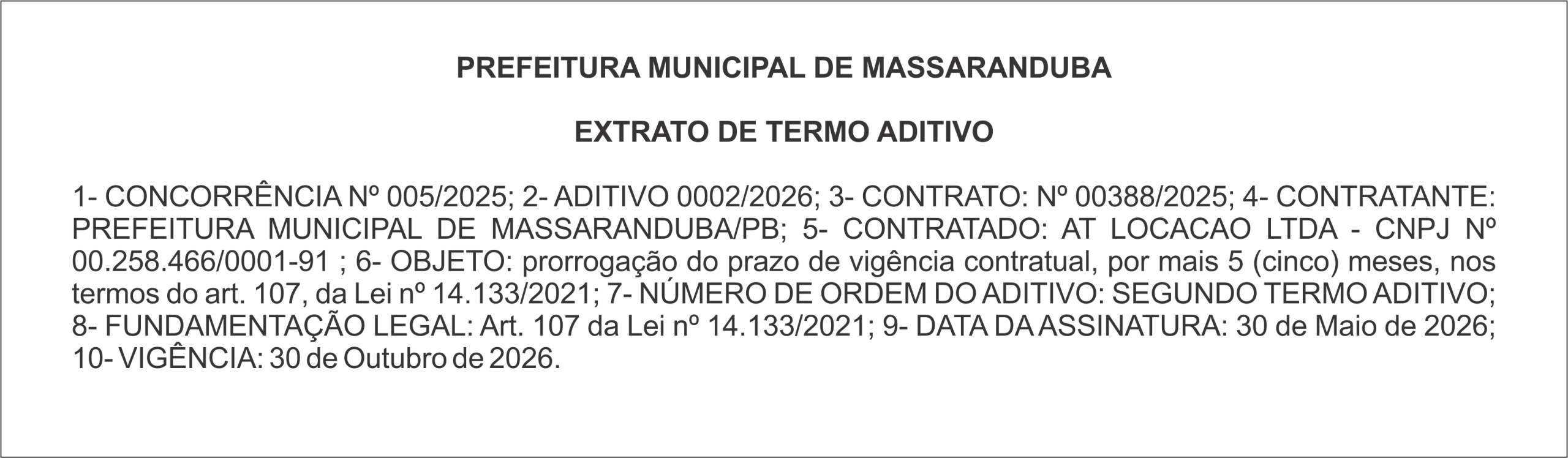 PREFEITURA DE MASSRANDUBA – EXTRATO DE TERMO ADITIVO