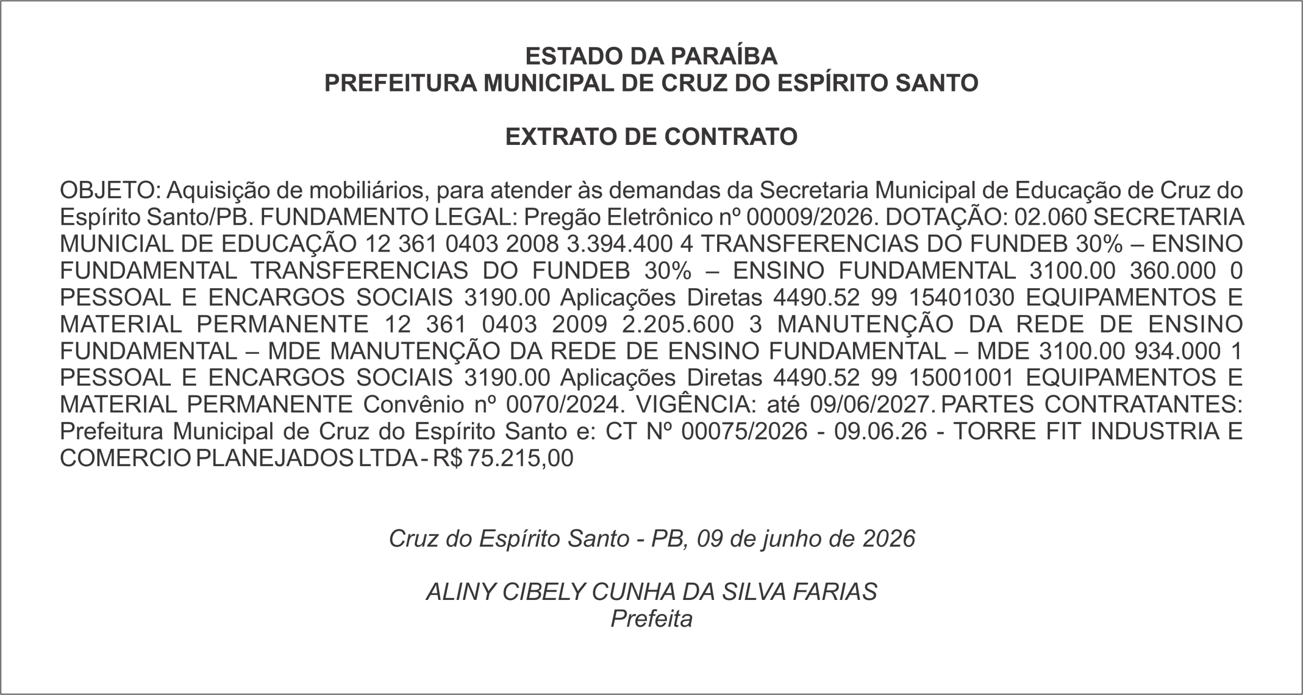 PREFEITURA MUNICIPAL DE CRUZ DO ESPÍRITO SANTO – EXTRATO DE CONTRATO