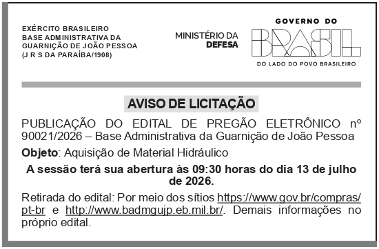 BASE ADMINISTRATIVA DA GUARNIÇÃO DE JOÃO PESSOA – PB – PREGÃO ELETRÔNICO nº 90020/2021 – Aquisição de Material Hidráulico