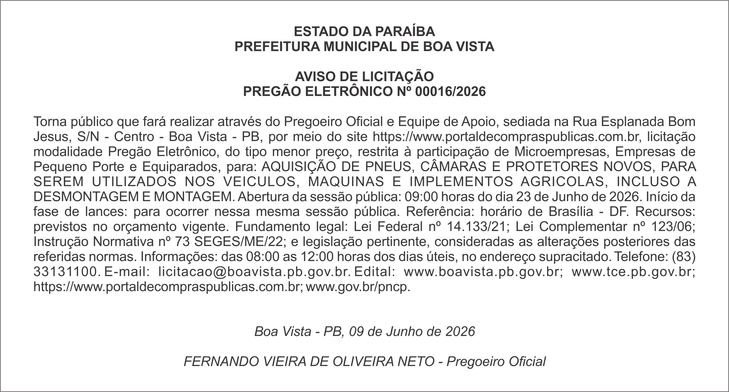 PREFEITURA MUNICIPAL DE BOA VISTA – AVISO DE LICITAÇÃO PREGÃO ELETRÔNICO Nº 00016/2026