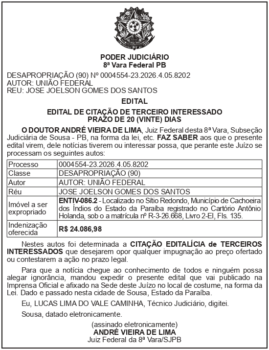 SECRETARIA NACIONAL DE SEGURANÇA HIDRICA – SNSH – MDR – DF – BRASÍLIA – Edital de Citação de Terceiro Interessado – ENTIV- 086.2 (JOSÉ JOELSON GOMES DOS SANTOS)