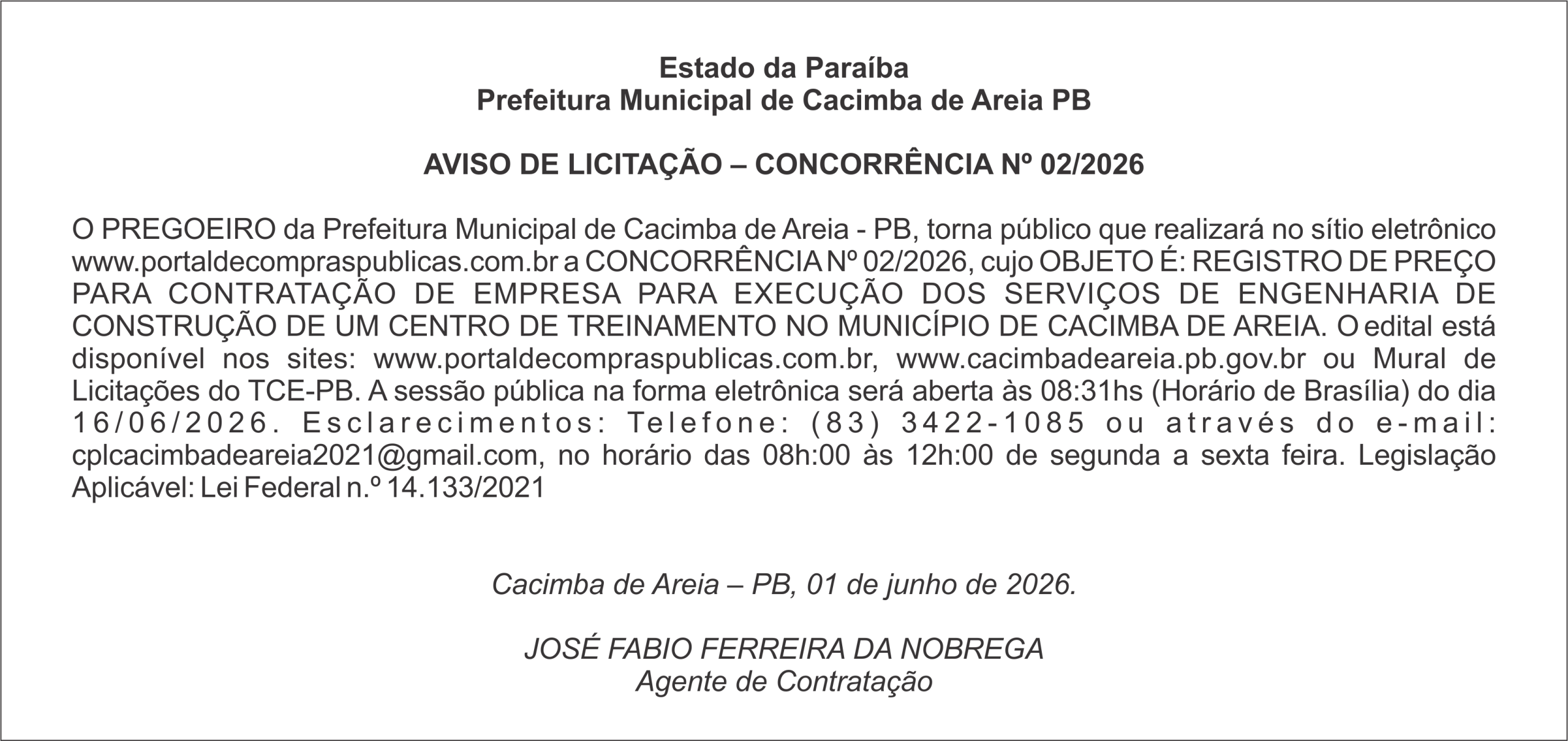 Prefeitura Municipal de Cacimba de Areia PB – AVISO DE LICITAÇÃO – CONCORRÊNCIA Nº 02/2026