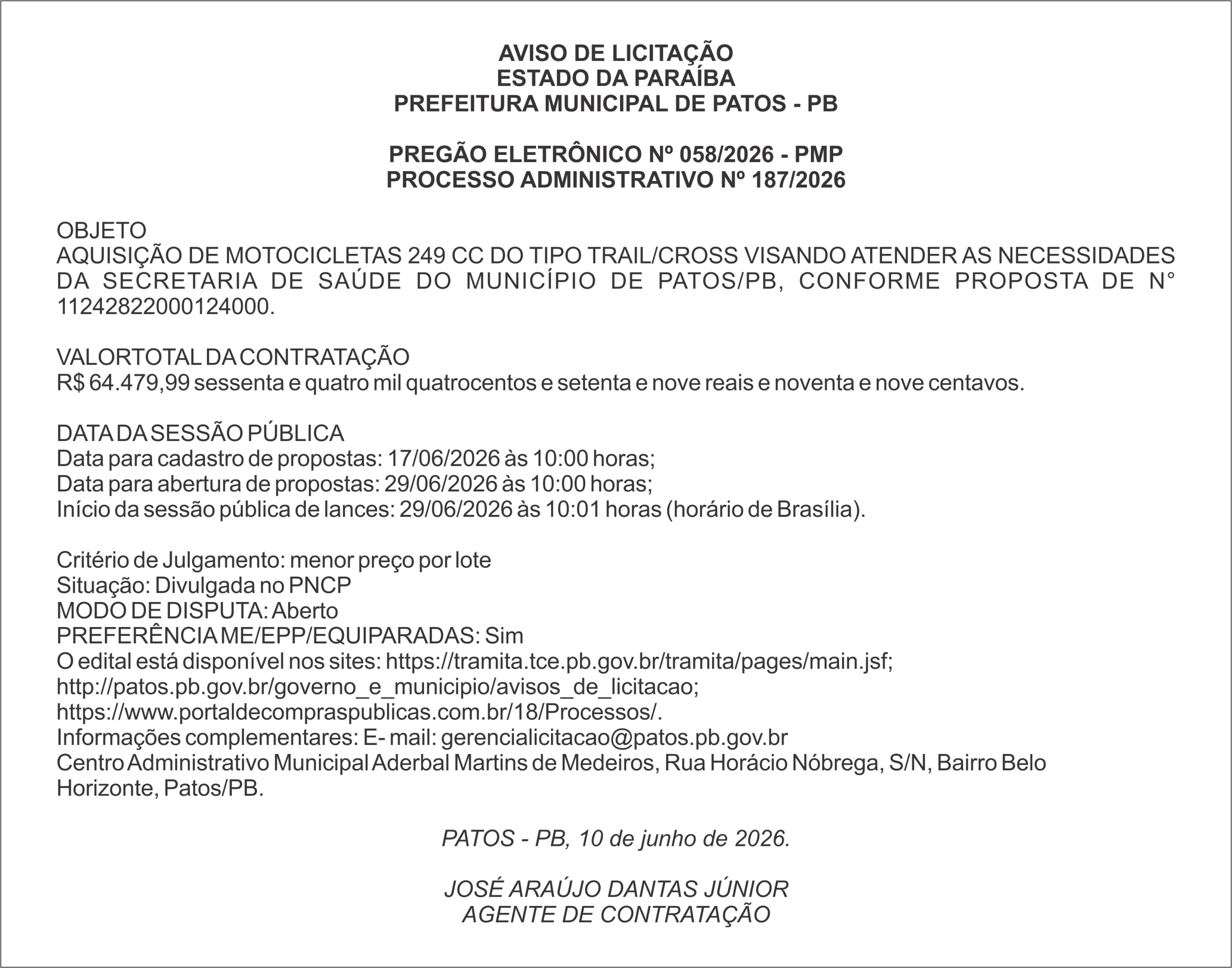 PREFEITURA MUNICIPAL DE PATOS – PB PREGÃO ELETRÔNICO Nº 058/2026 – PMP