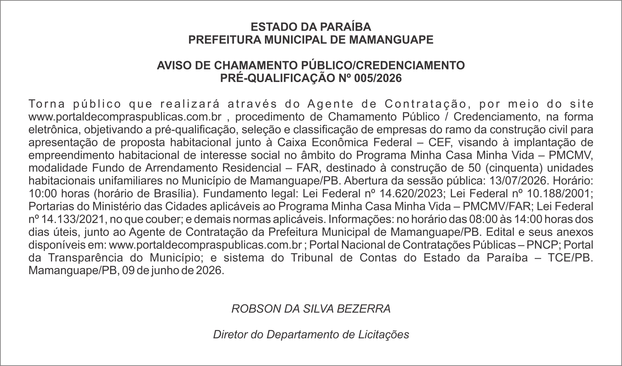 PREFEITURA MUNICIPAL DE MAMANGUAPE – AVISO DE CHAMAMENTO PÚBLICO/CREDENCIAMENTO PRÉ-QUALIFICAÇÃO Nº 005/2026