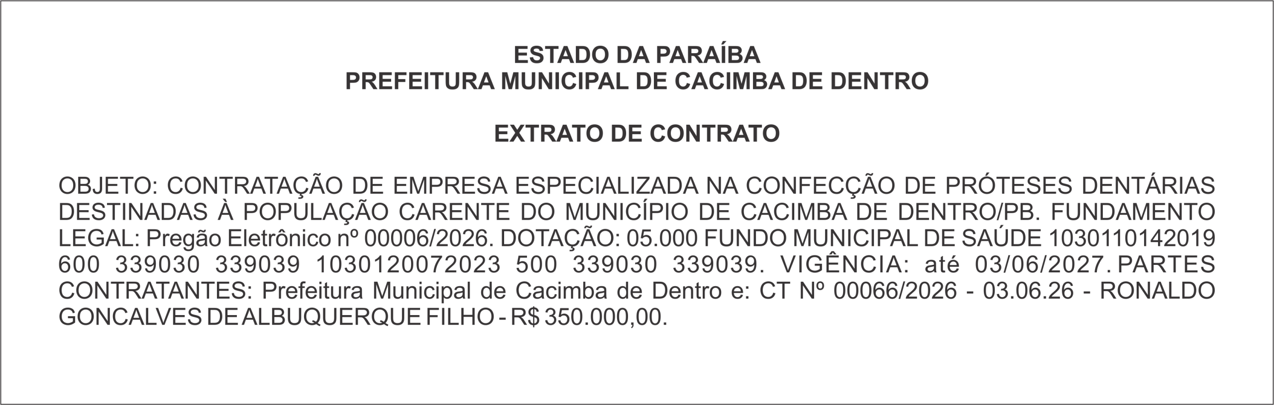 PREFEITURA MUNICIPAL DE CACIMBA DE DENTRO EXTRATO DE CONTRATO