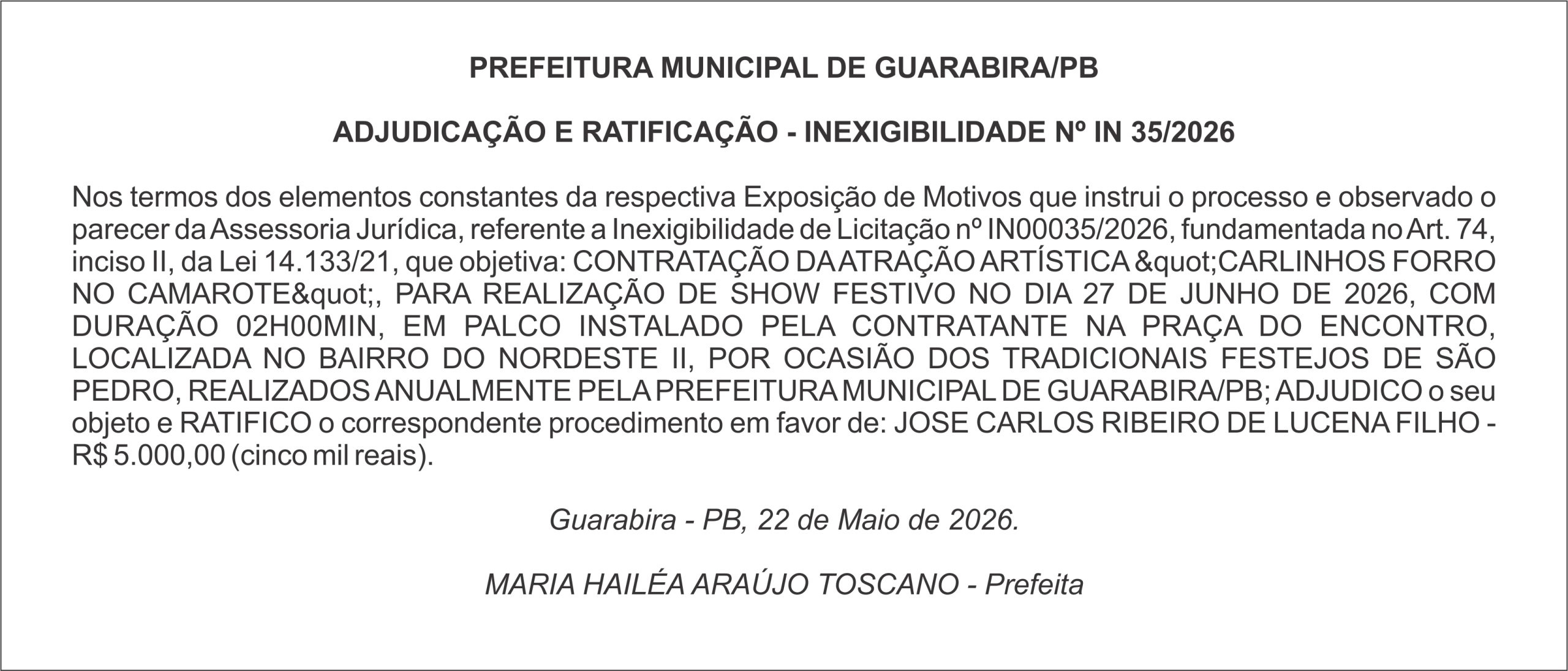 PREFEITURA MUNICIPAL DE GUARABIRA/PB ADJUDICAÇÃO E RATIFICAÇÃO – INEXIGIBILIDADE Nº IN 35/2026