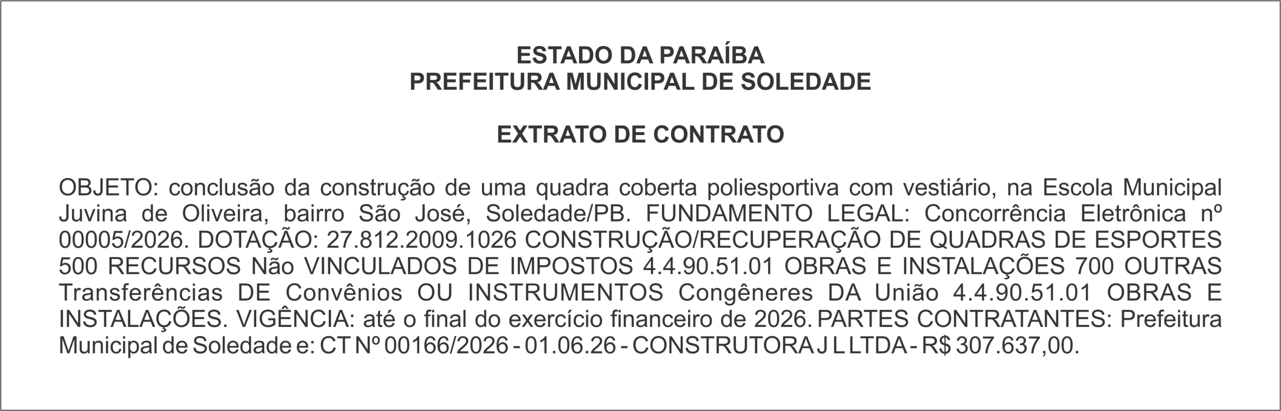 PREFEITURA MUNICIPAL DE SOLEDADE – EXTRATO DE CONTRATO